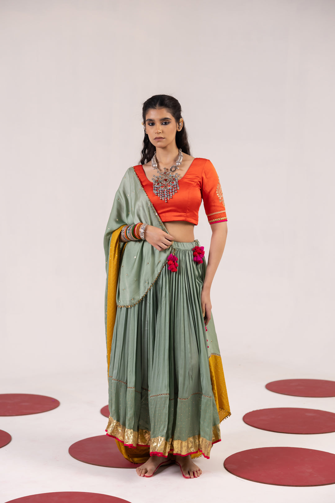 ORANGE AND SEA GREEN LEHENGA SET