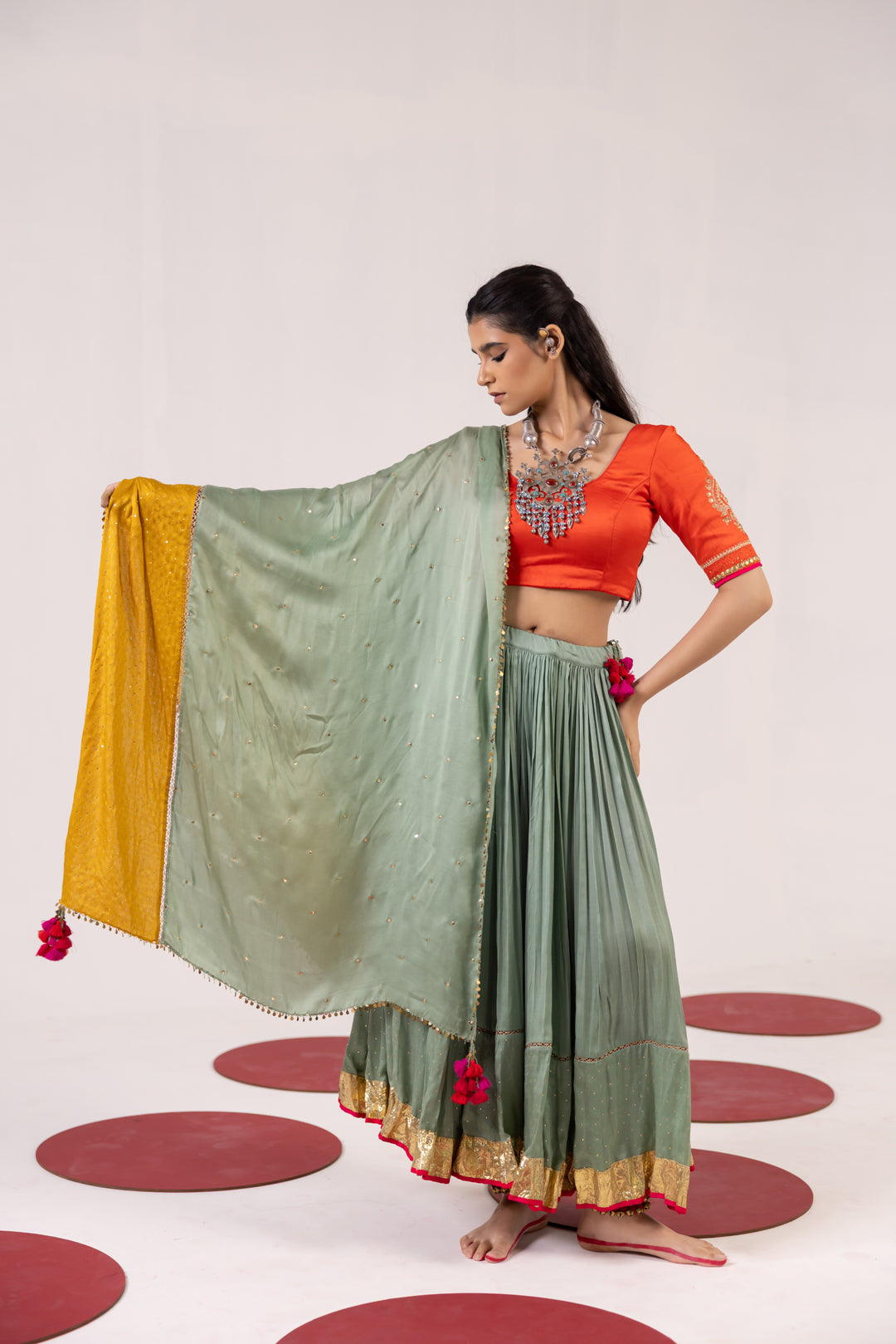 ORANGE AND SEA GREEN LEHENGA SET