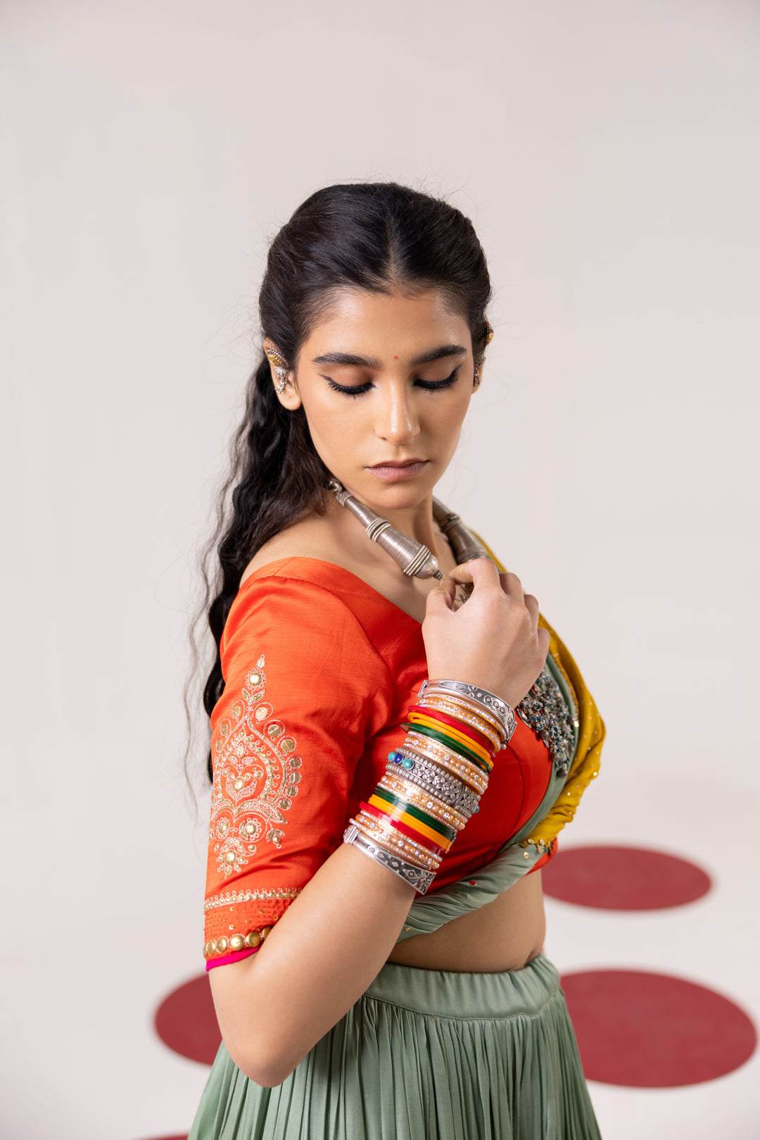 ORANGE AND SEA GREEN LEHENGA SET