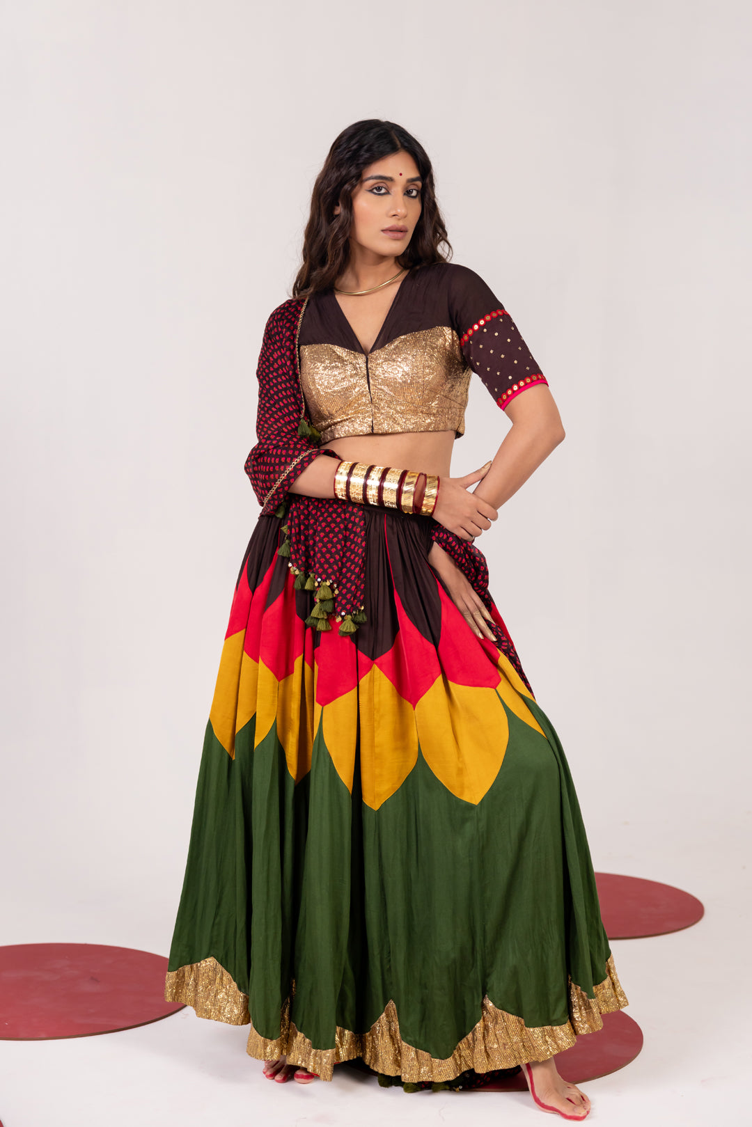 BROWN AND MULTICOLOR LEHENGA SET