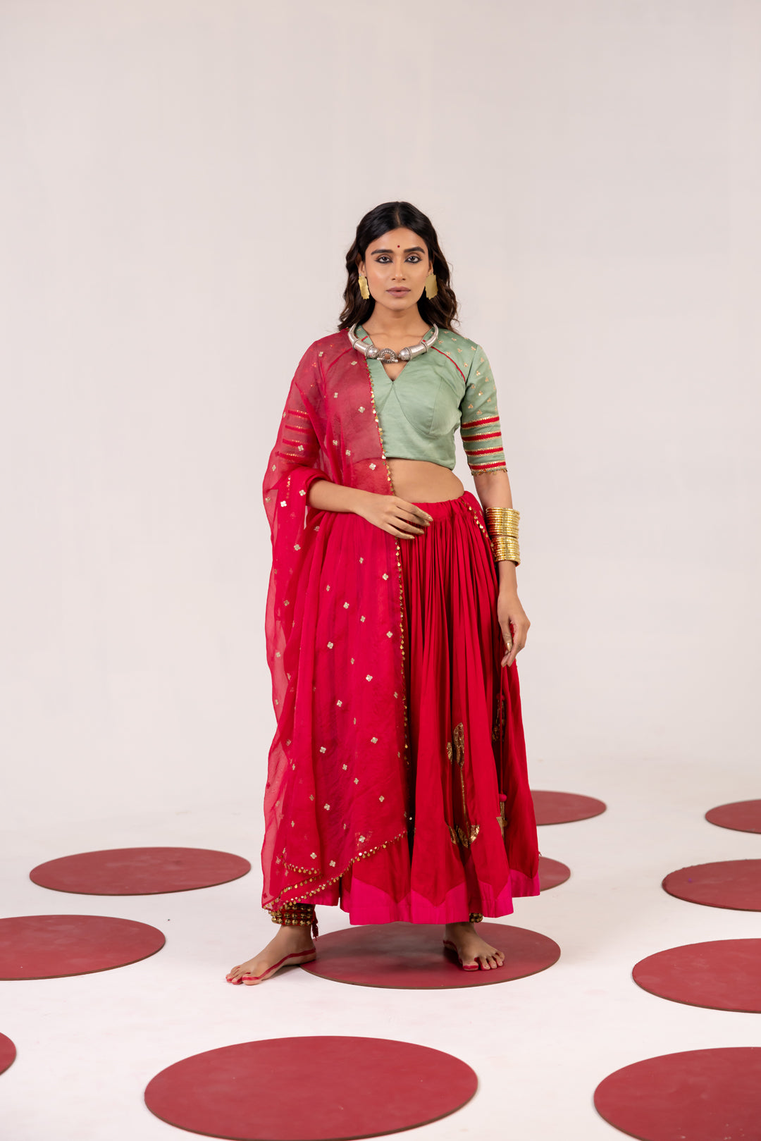 SEA GREEN & RED LEHENGA SET