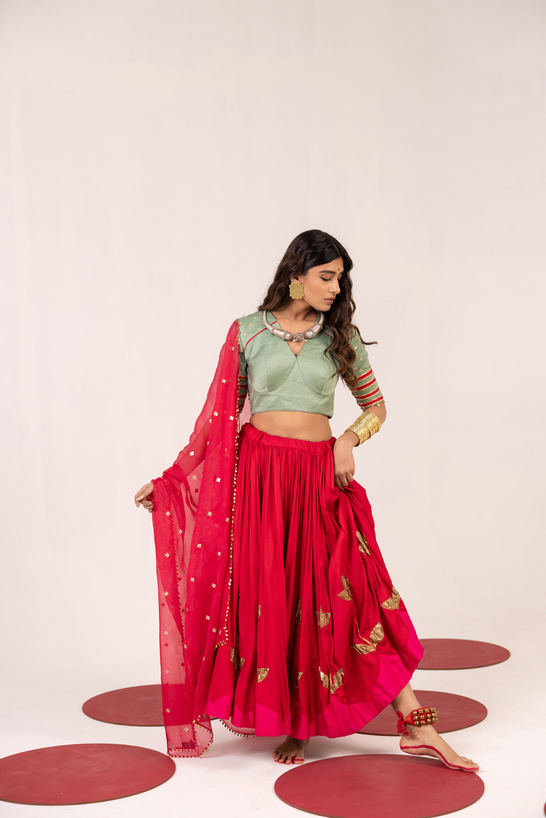 SEA GREEN & RED LEHENGA SET