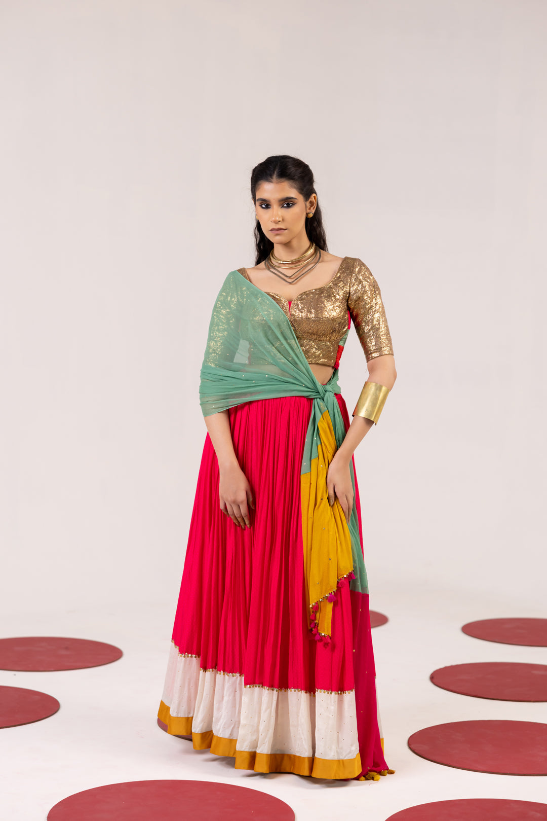 GOLDEN GOTA AND OFF WHITE/ PINK LEHENGA SET