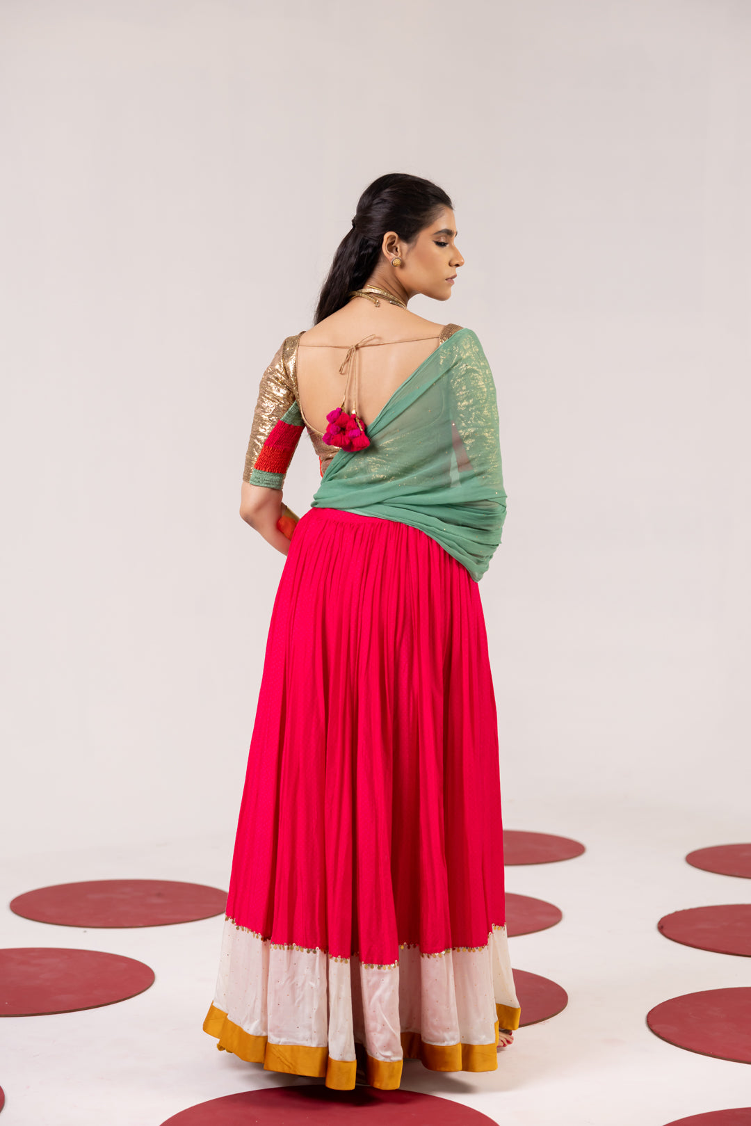 GOLDEN GOTA AND OFF WHITE/ PINK LEHENGA SET