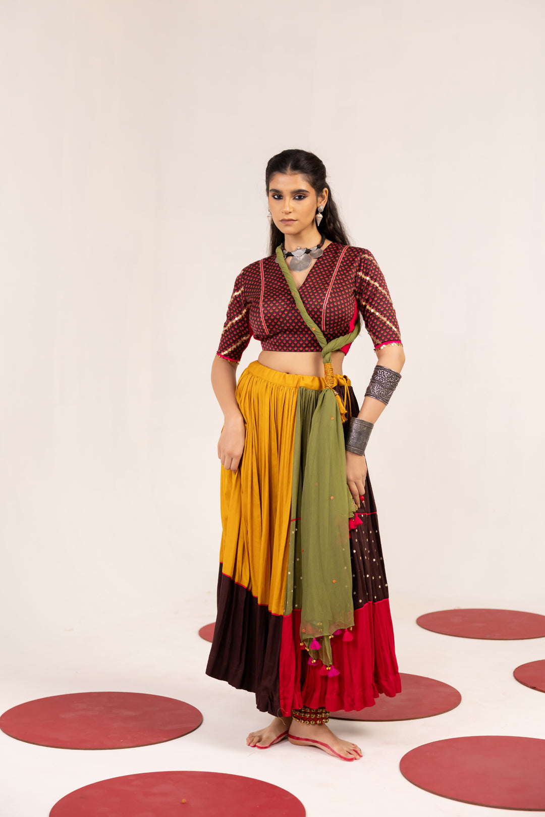 BROWN PRINTED AND MULTICOLOR LEHENGA SET