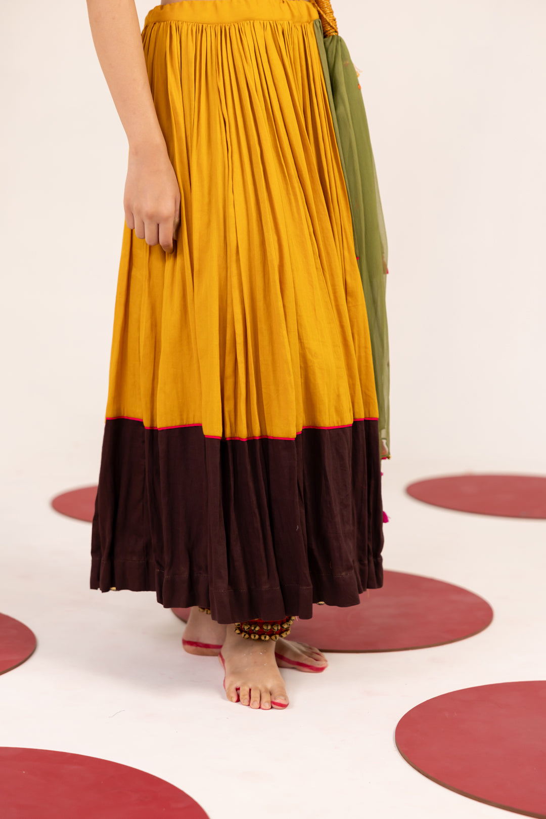BROWN PRINTED AND MULTICOLOR LEHENGA SET