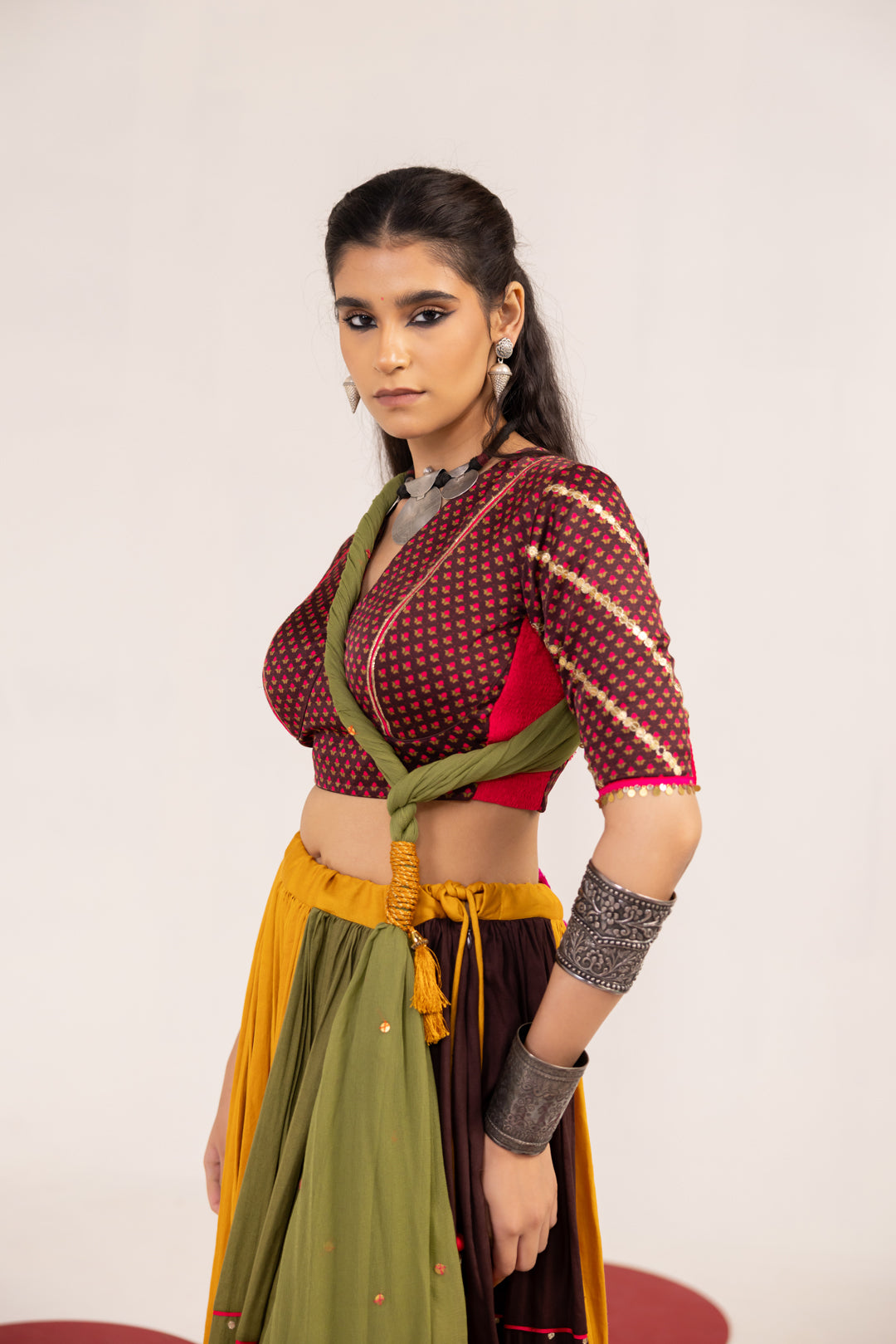 BROWN PRINTED AND MULTICOLOR LEHENGA SET