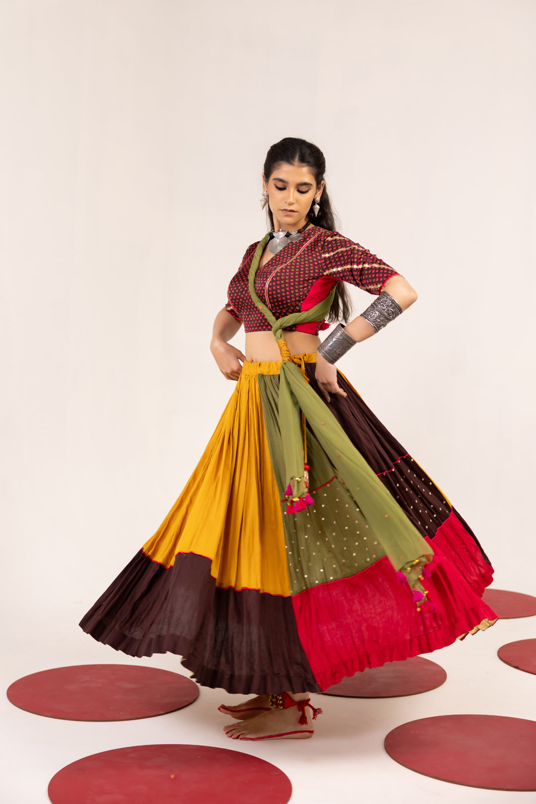 BROWN PRINTED AND MULTICOLOR LEHENGA SET