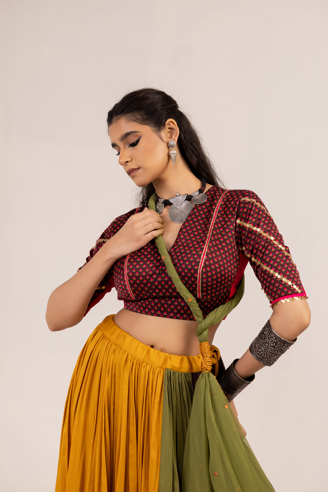 BROWN PRINTED AND MULTICOLOR LEHENGA SET