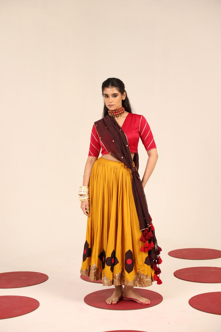 Red and Mustard lehenga set