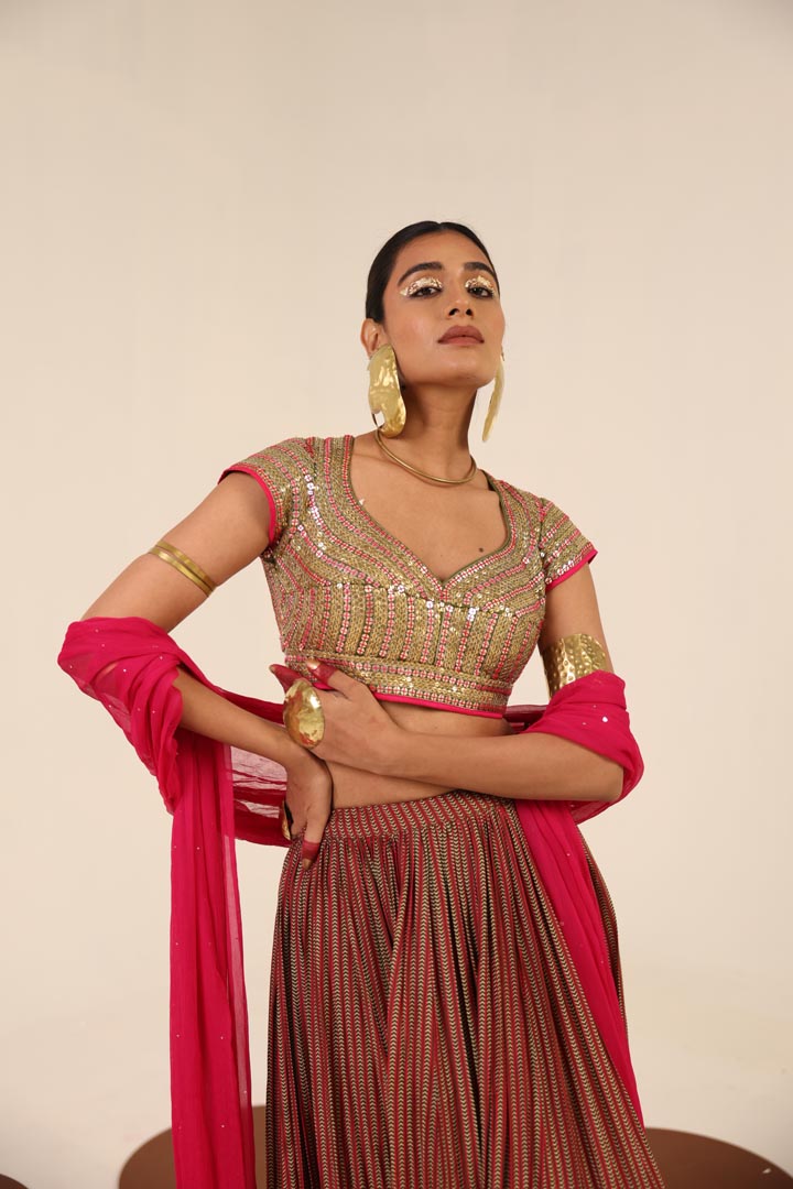 BROWN AND PINK PRINTED LEHENGA SET