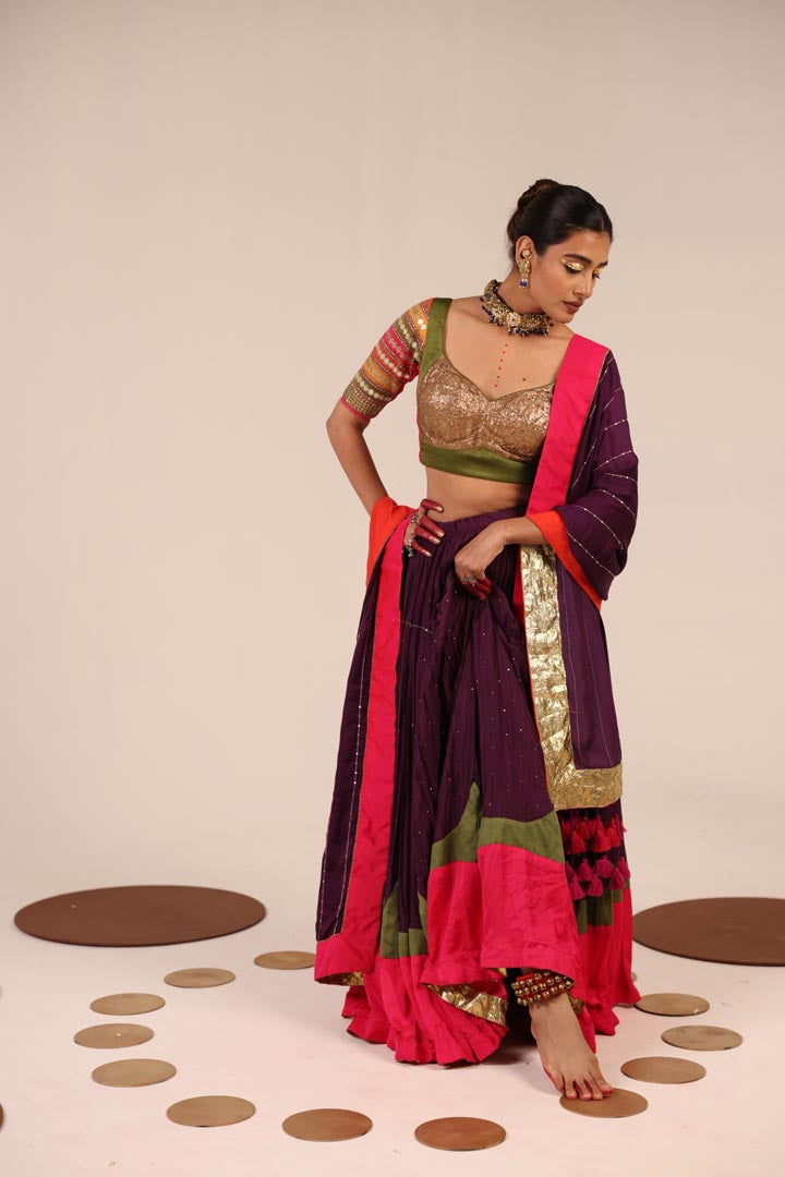 GOLDEN, OLIVE GREEN & PURPLE LEHENGA SET