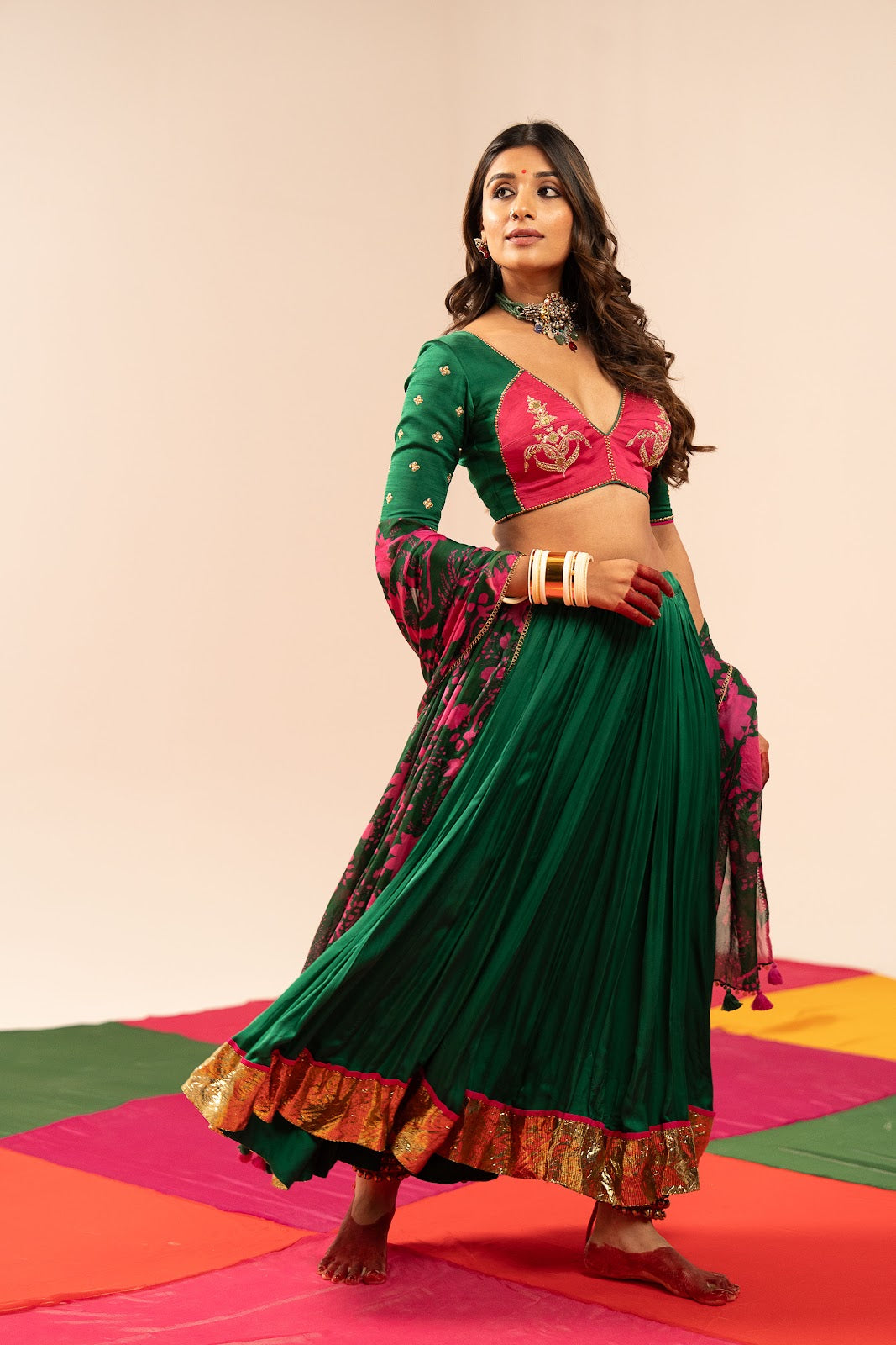 Dark Green- Pink Lehenga Set