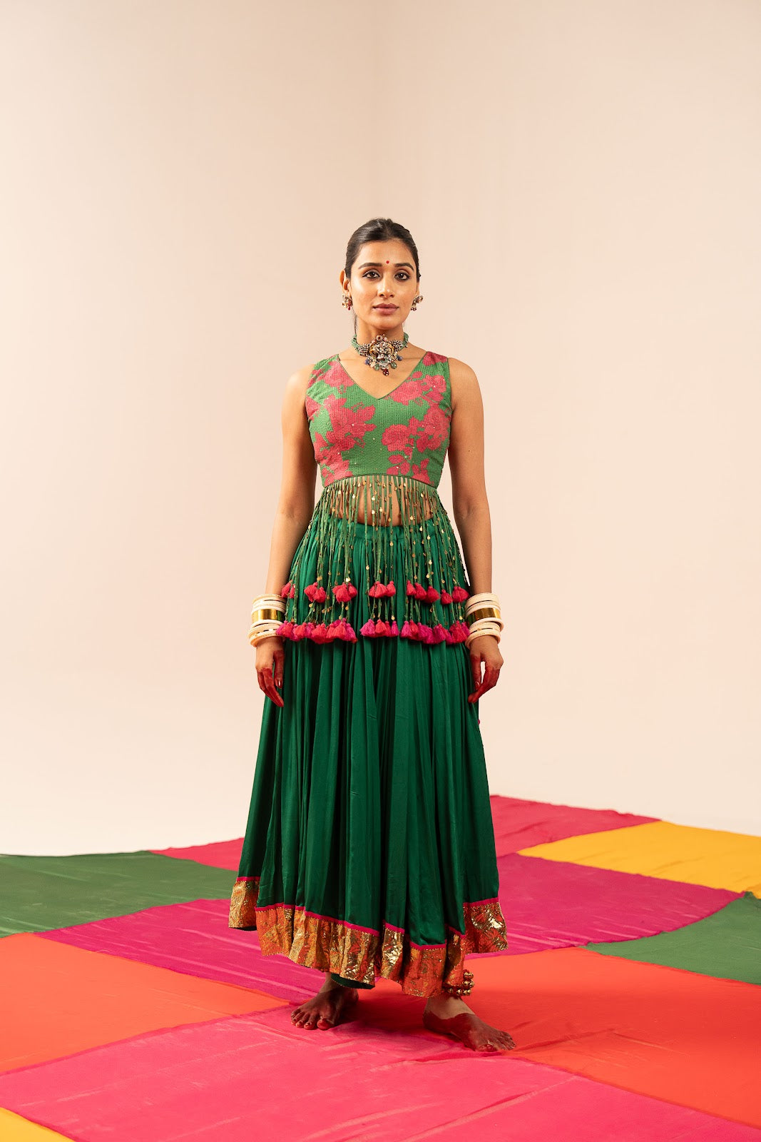 Dark Green Floral Lehenga Set