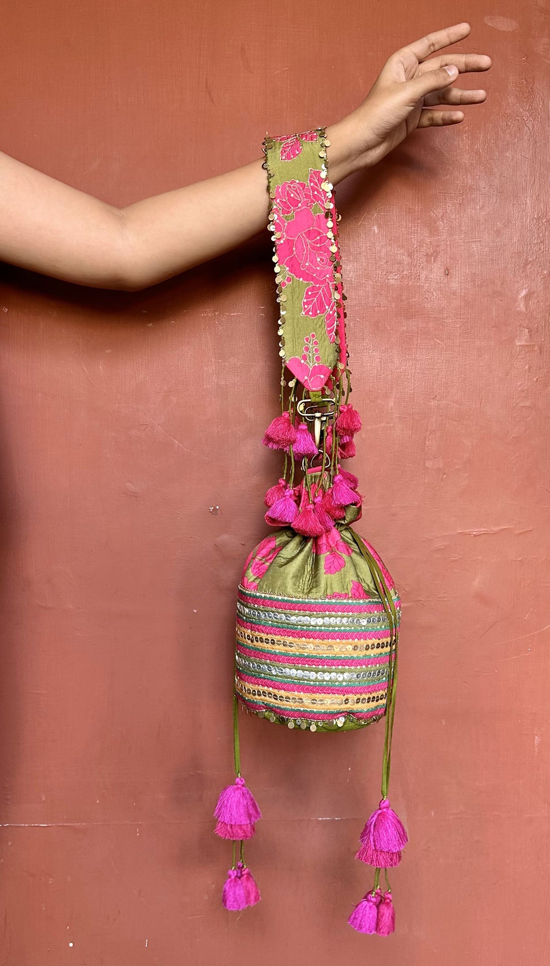 Mehendi green floral-striped dual printed embroidered bucket bag