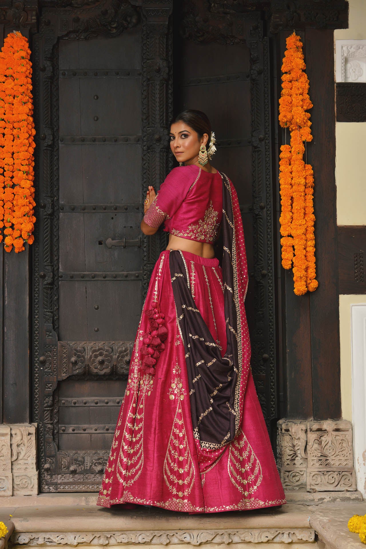 Pink And Brown Lehenga Set