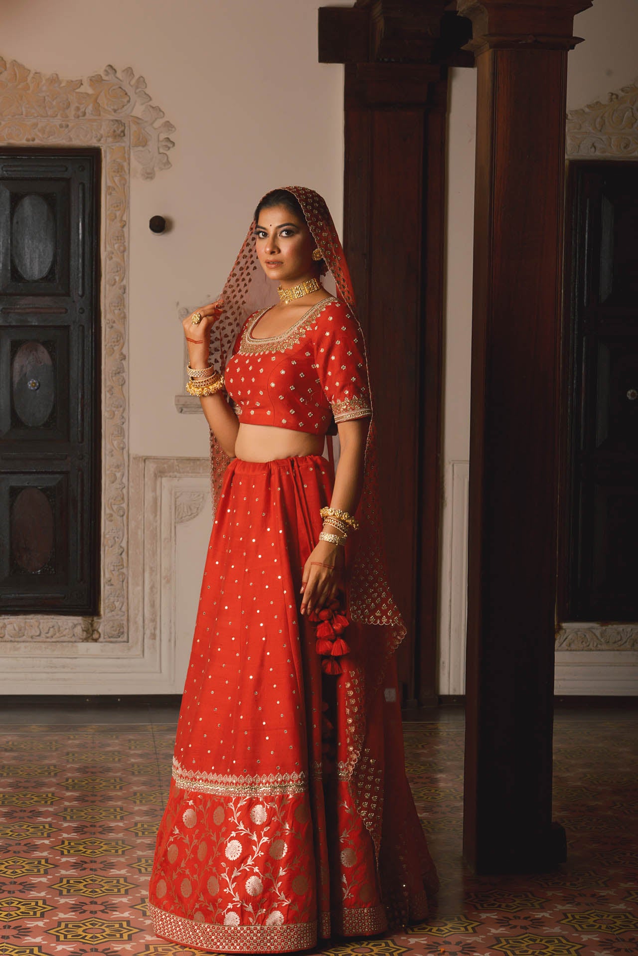 Red Lehenga With Banarasi Panel Set