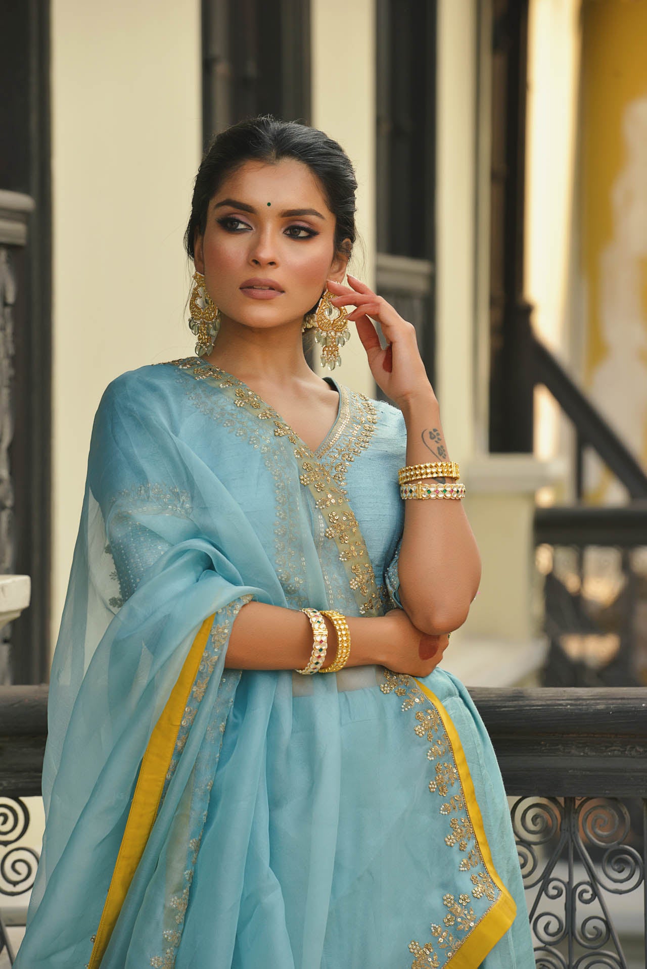 Powder Blue And Yellow Lehenga Set