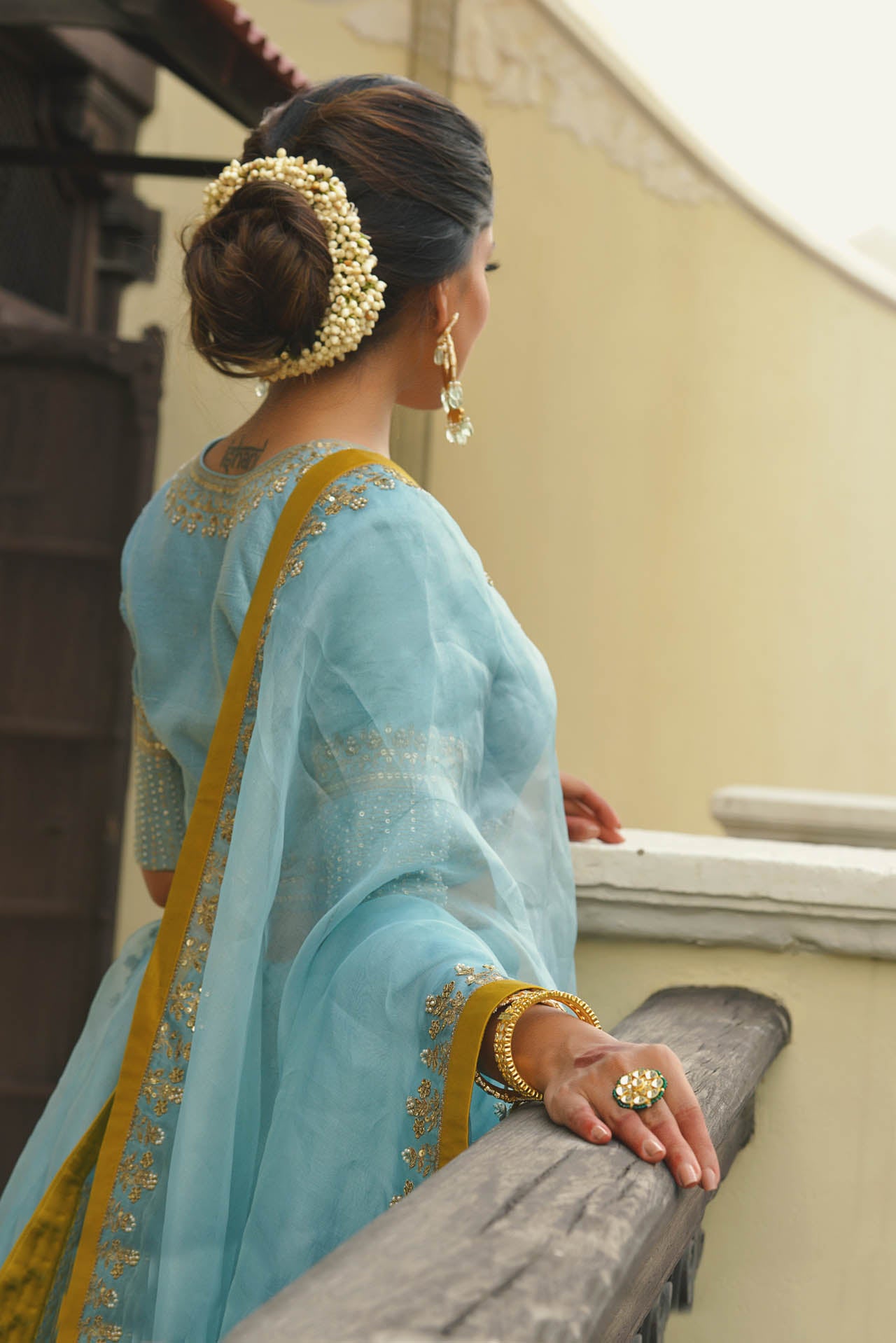 Powder Blue And Yellow Lehenga Set