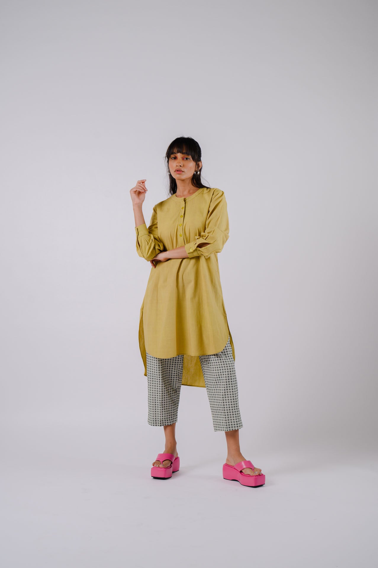 Lime Green High-Low Cutwork Tunic With Checkered Pants