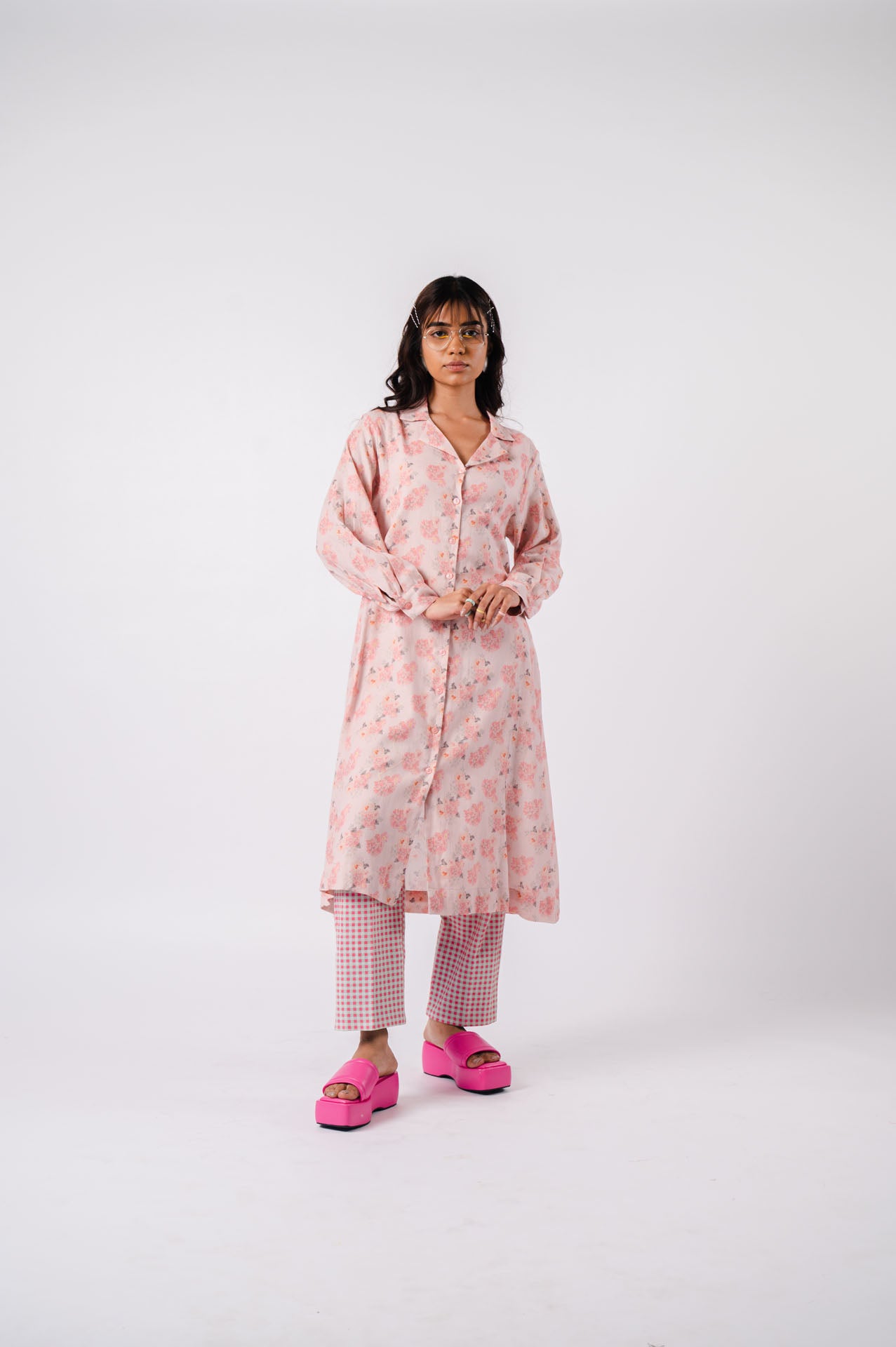 Peach Floral Long Shirt With Checkered Pants