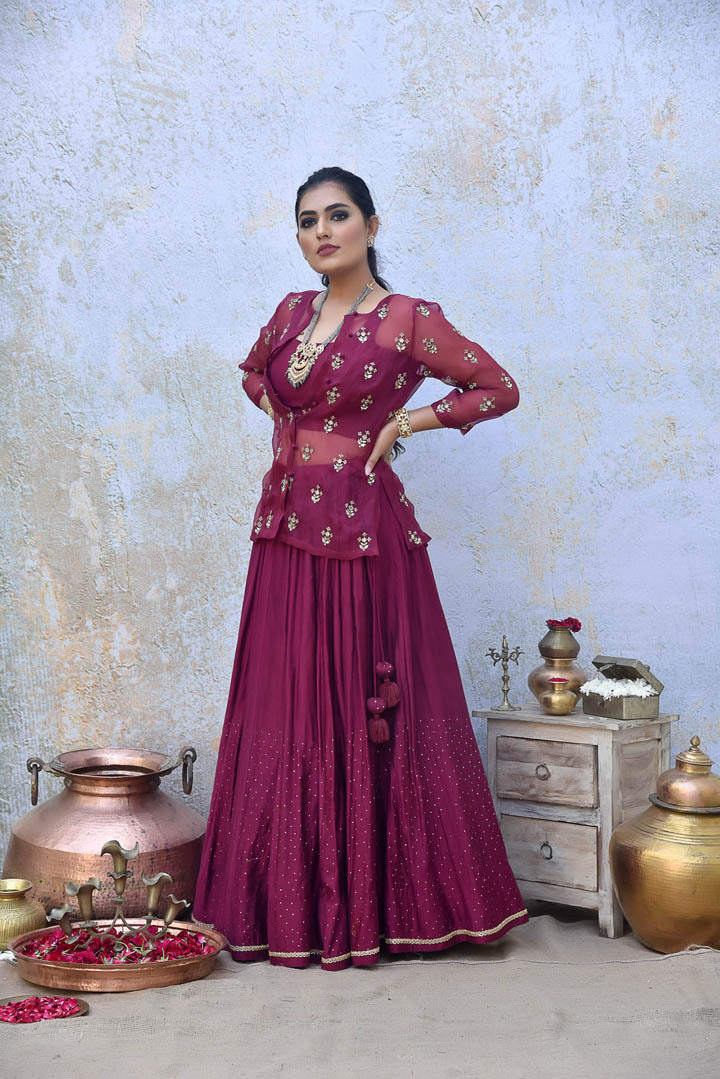 Burgundy Organza Jacket Set