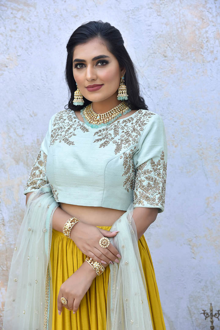 Yellow And Powder Blue Lehenga Set