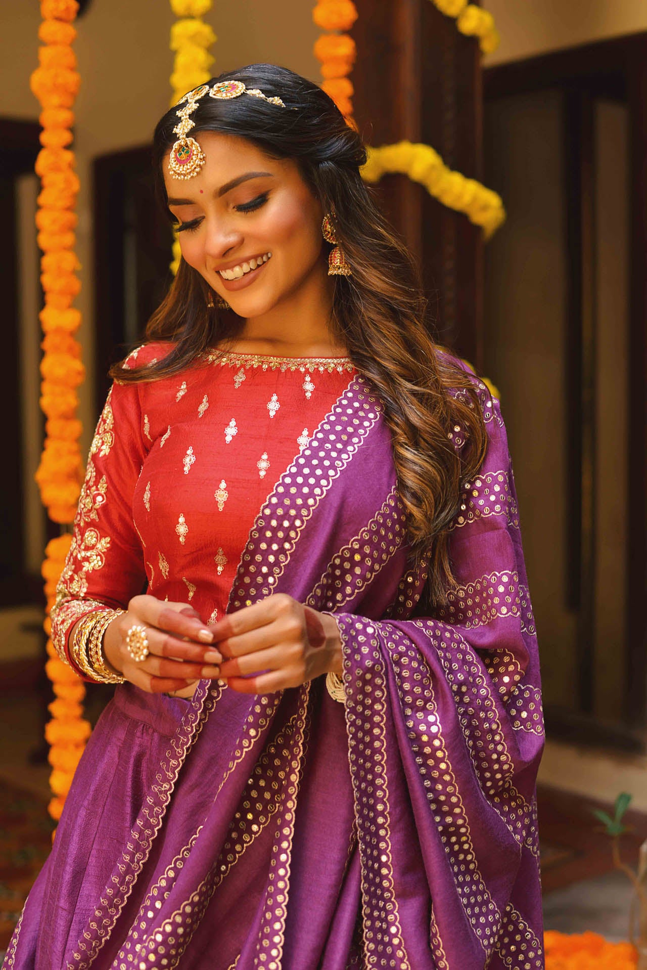 Purple Lehenga Set With Red Blouse