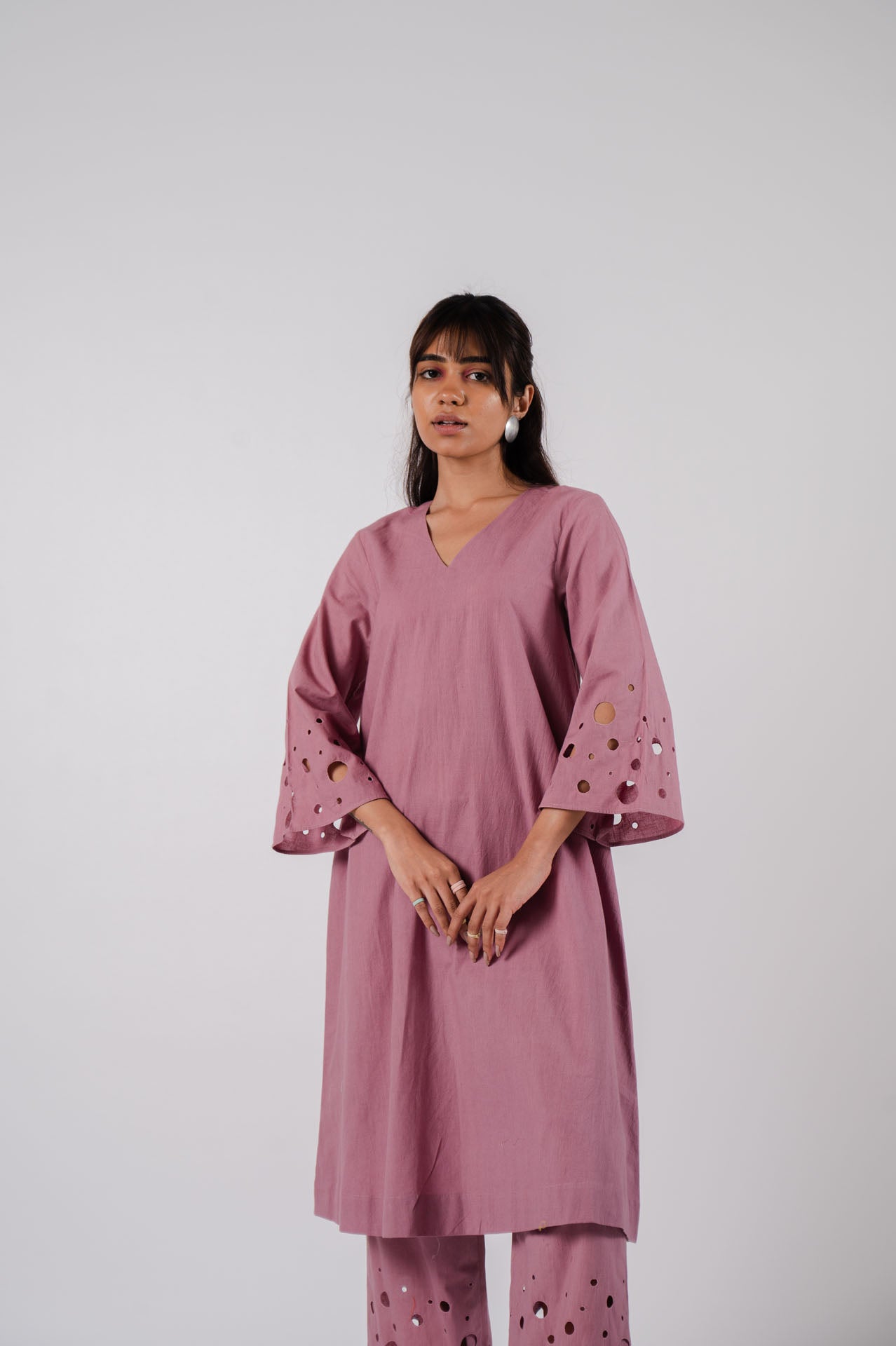 Mauve Bell Sleeves Cutwork Kurta Set