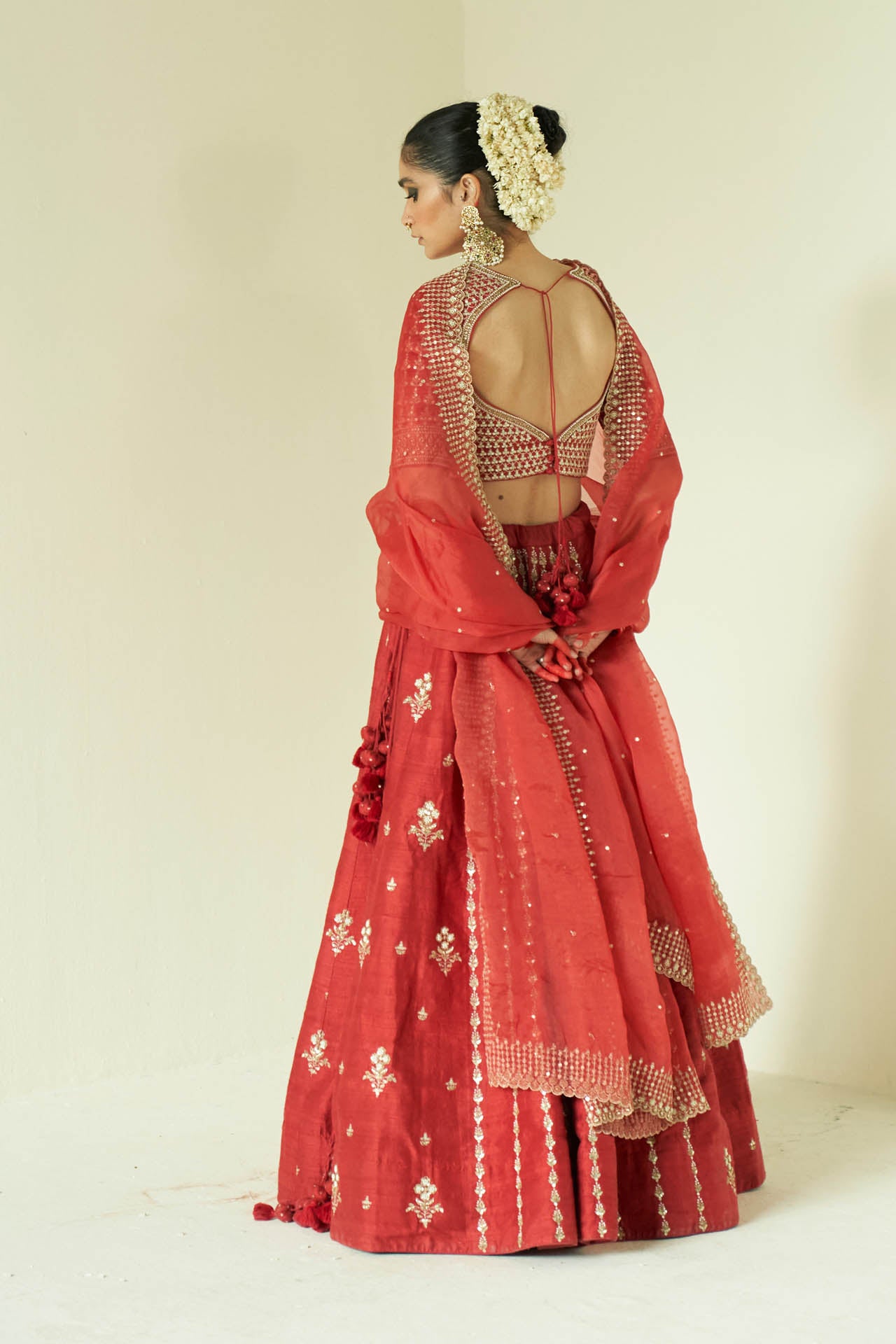 Red Vertical Line Work Lehenga Set