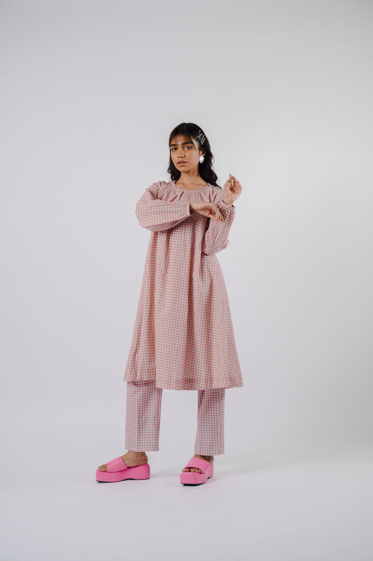 Pink Small Checkered Kurta Set