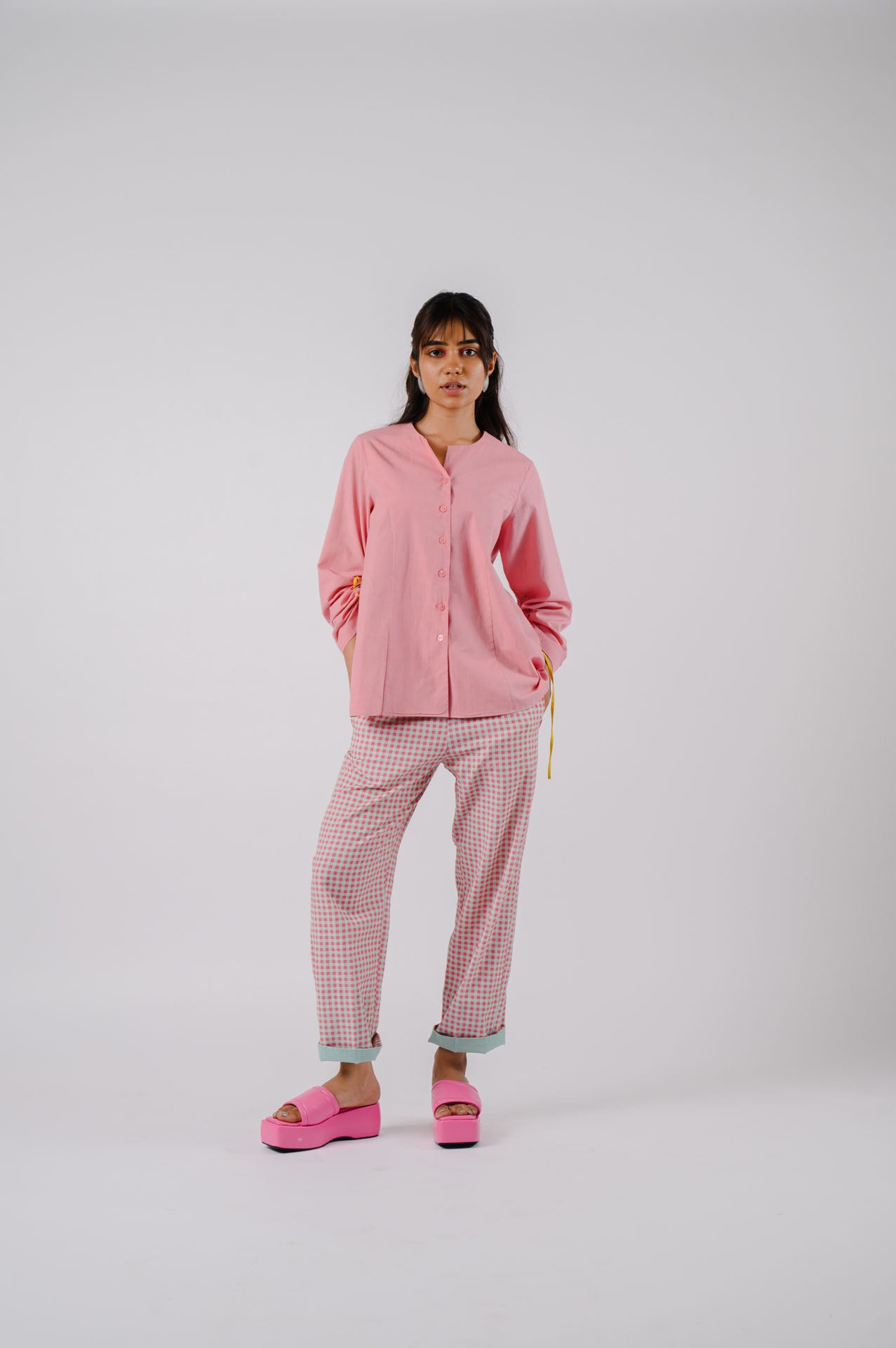Pink High-Low Cutwork Tunic With Checkered Pants