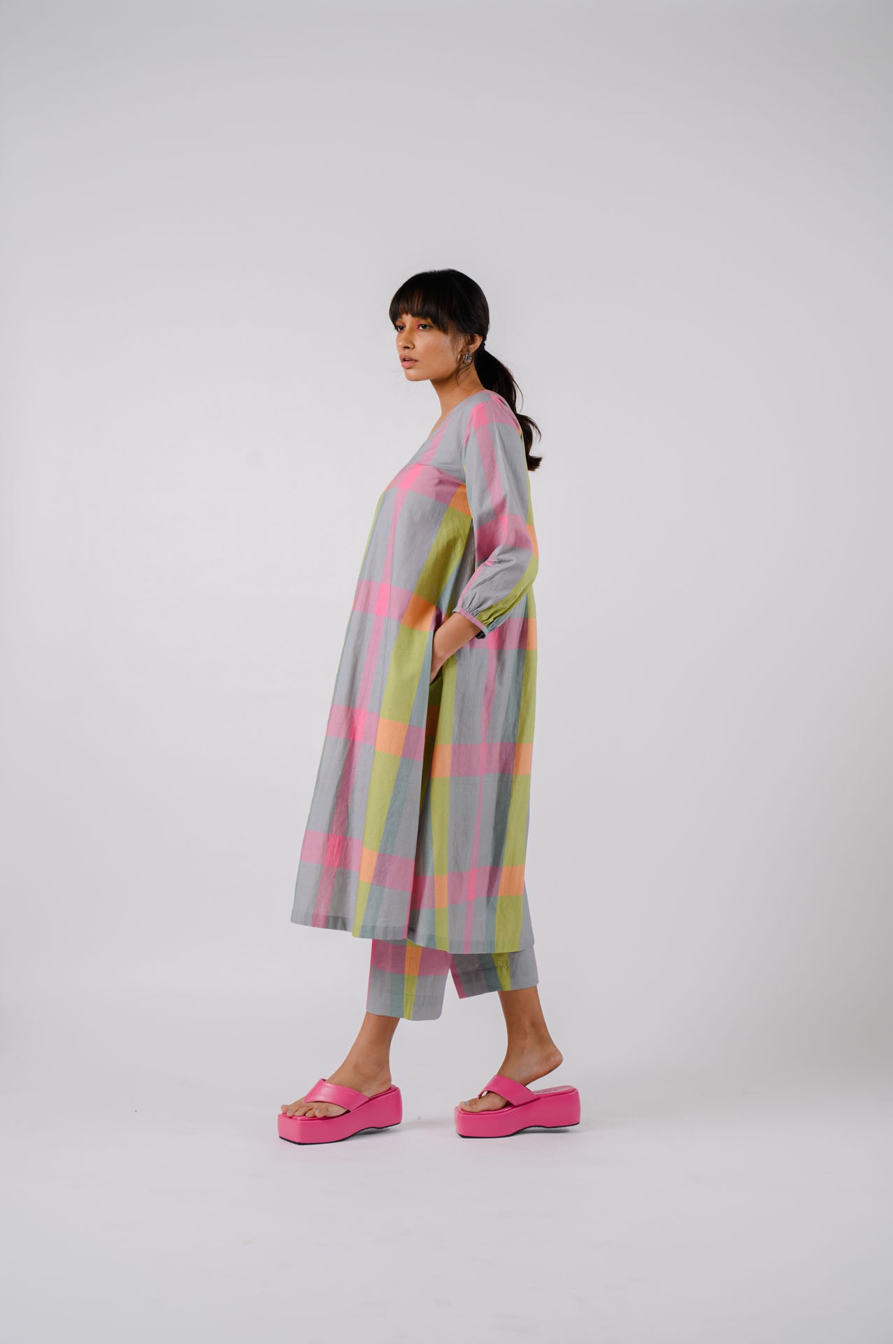 Grey Multi-Colour Checkered Kurta Set