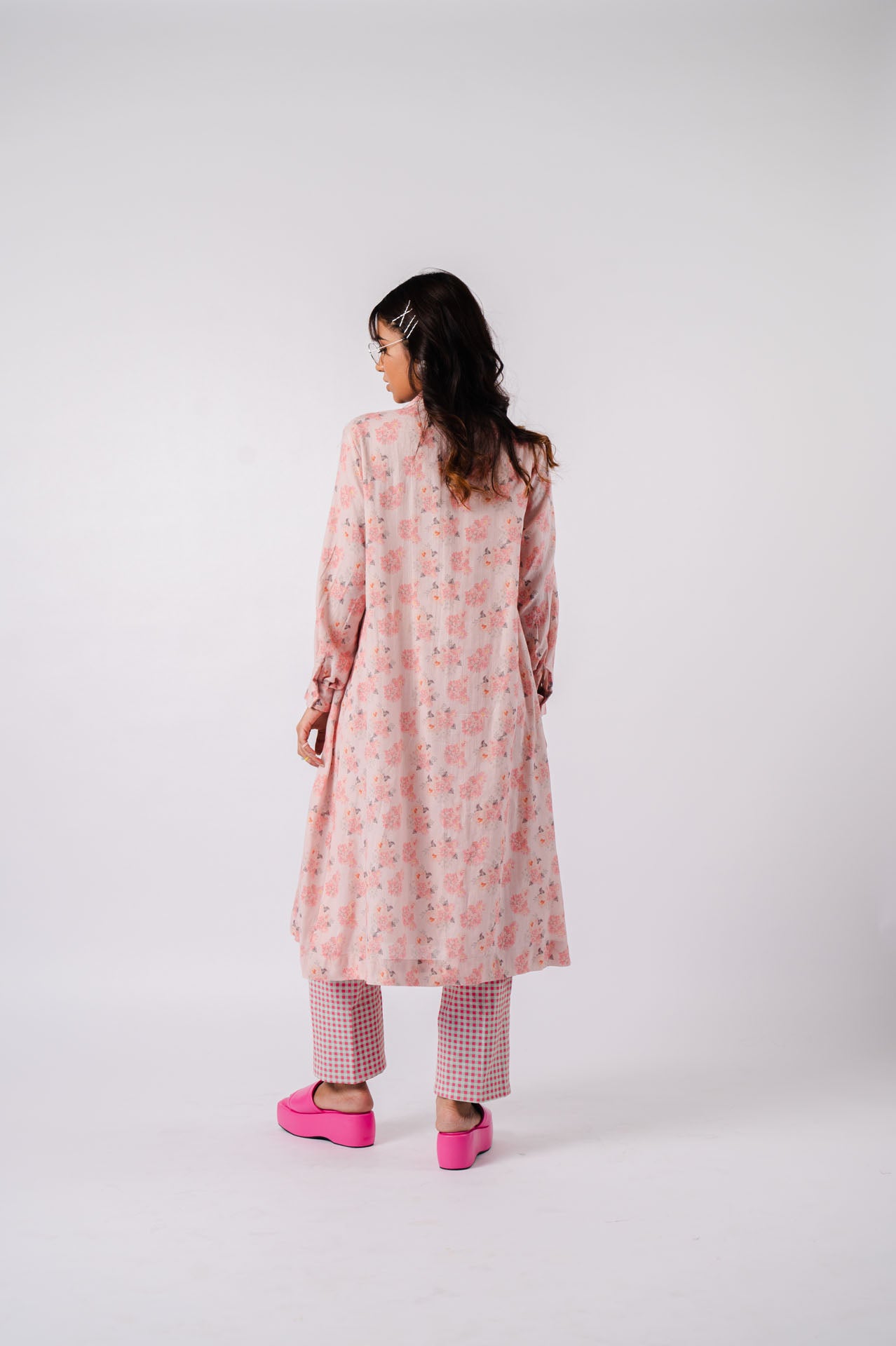 Peach Floral Long Shirt With Checkered Pants