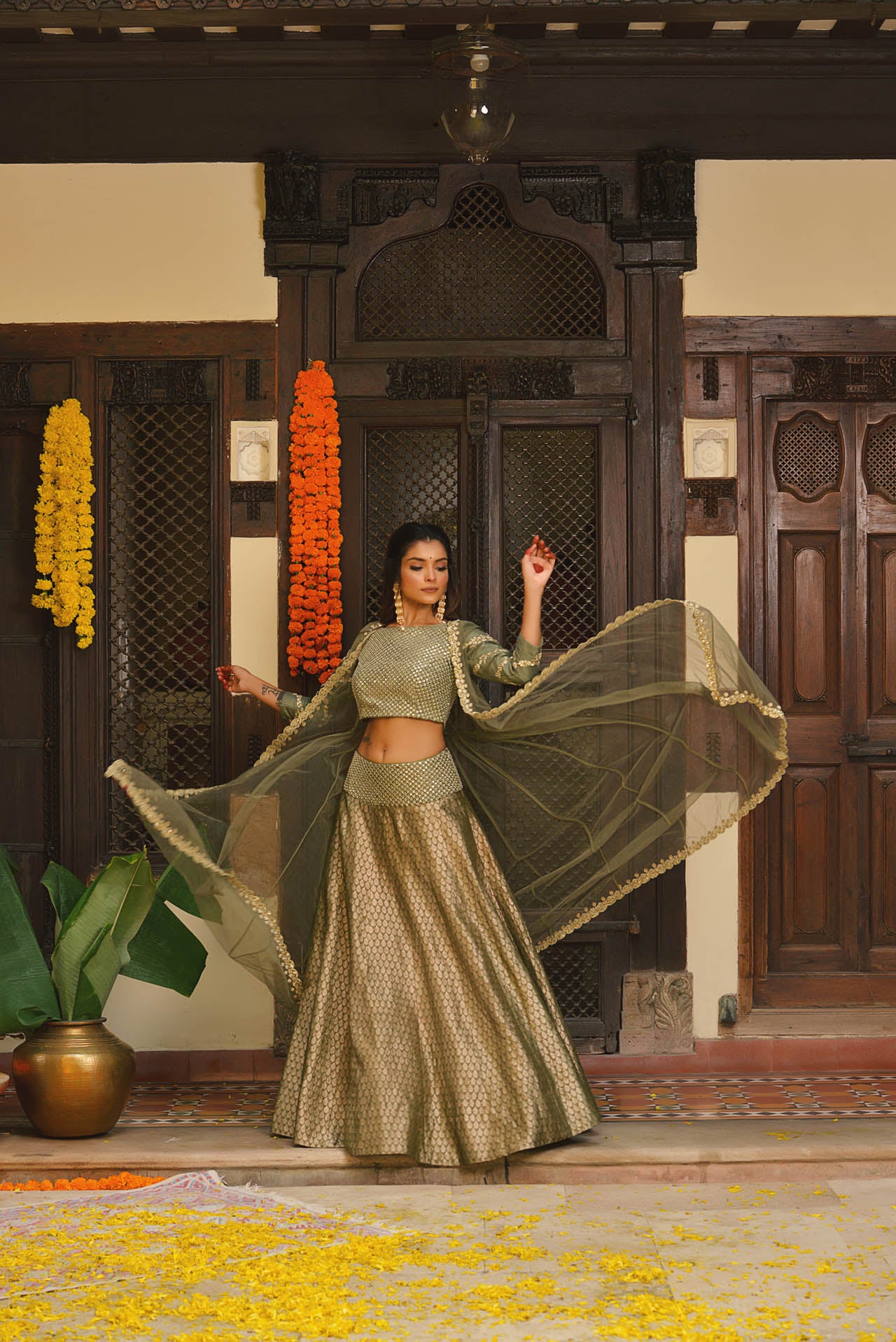 Green Net Jacket  And Banarasi Lehenga Set