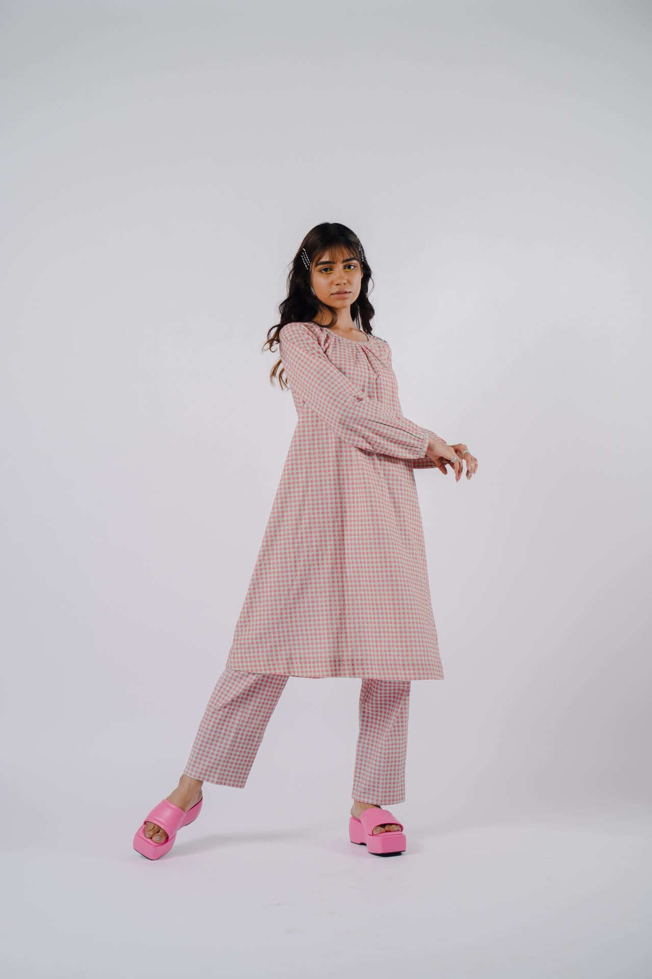 Pink Small Checkered Kurta Set