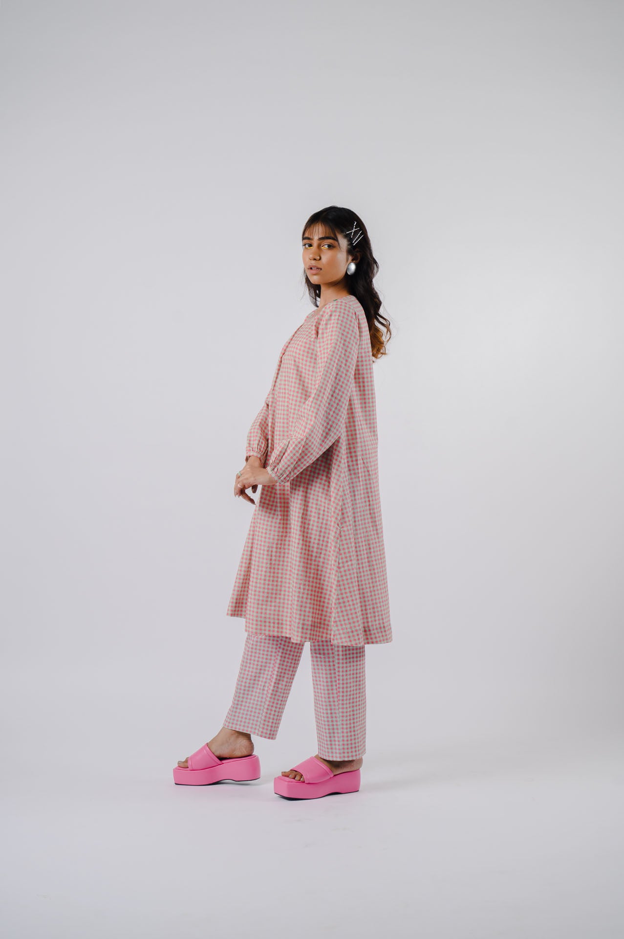 Pink Small Checkered Kurta Set