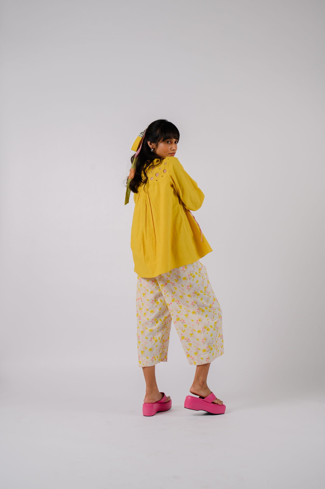 Yellow Drawstrings Shirt With Floral Pants