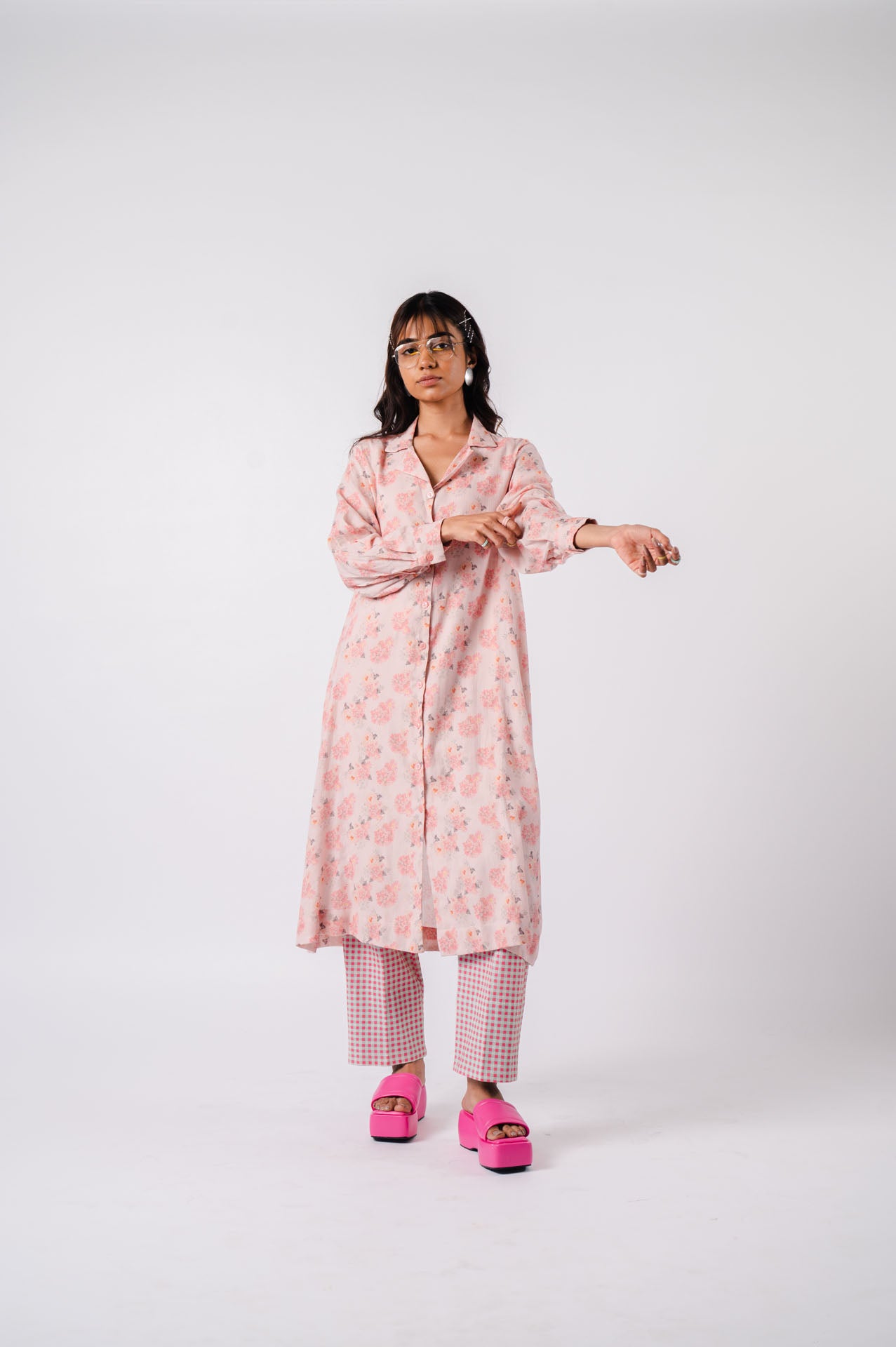 Peach Floral Long Shirt With Checkered Pants