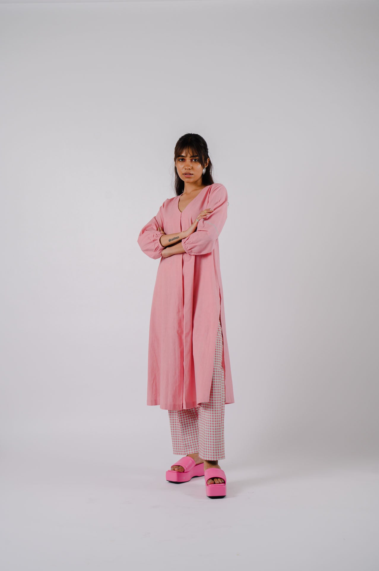 Pink Box Pleat Kurta With Checkered Pants