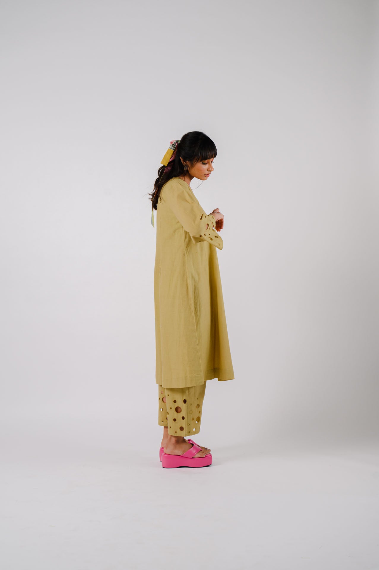 Lime Green Bell Sleeves Cutwork Kurta Set