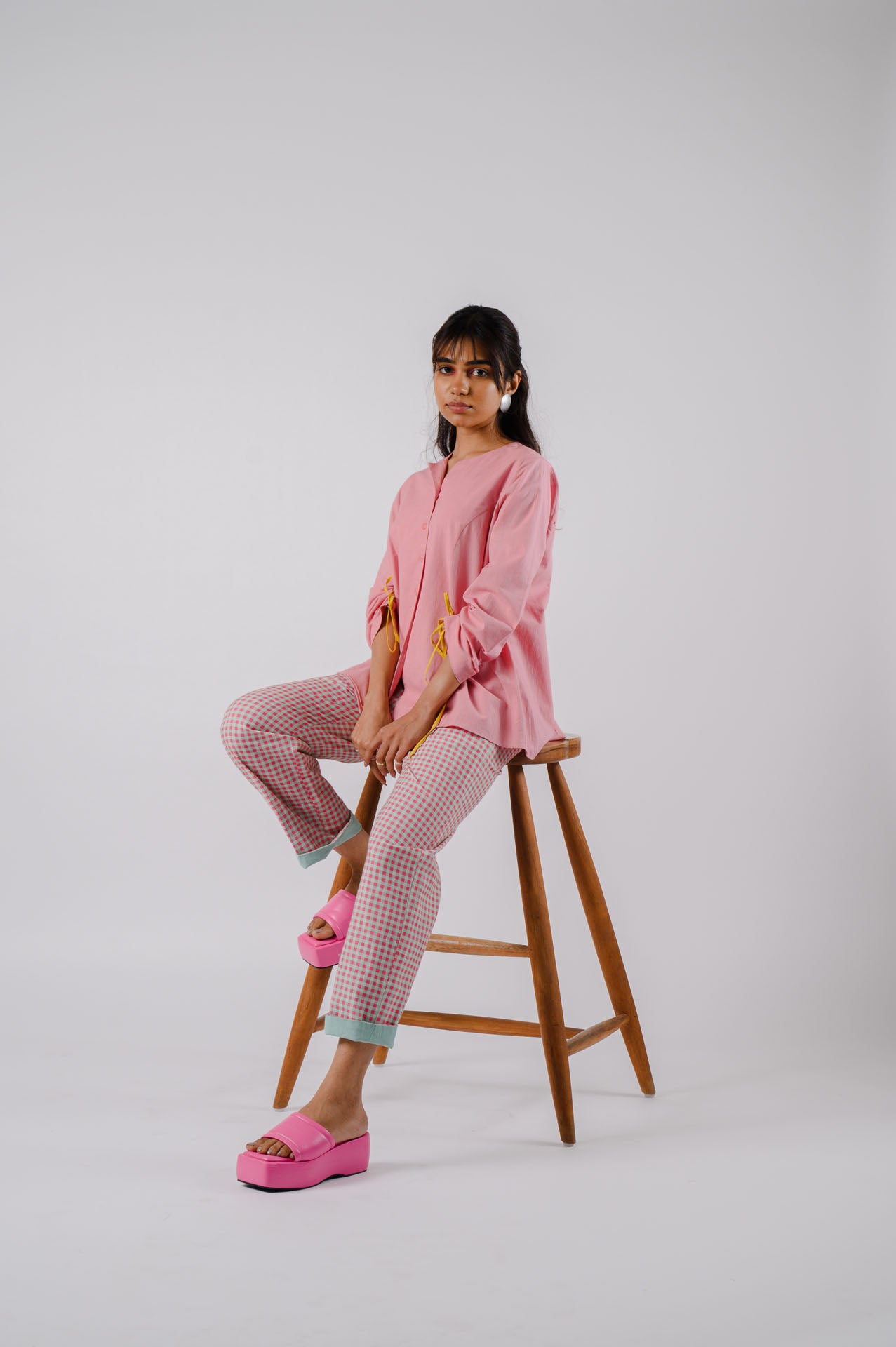 Pink High-Low Cutwork Tunic With Checkered Pants