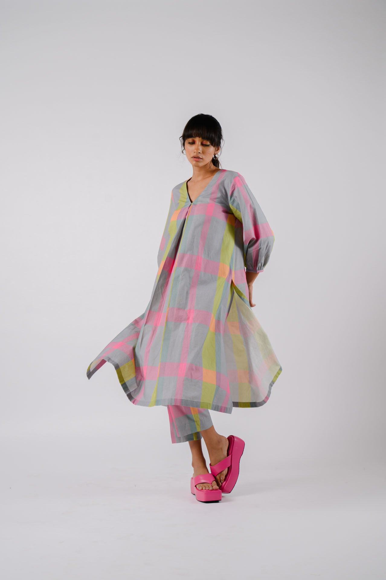 Grey Multi-Colour Checkered Kurta Set