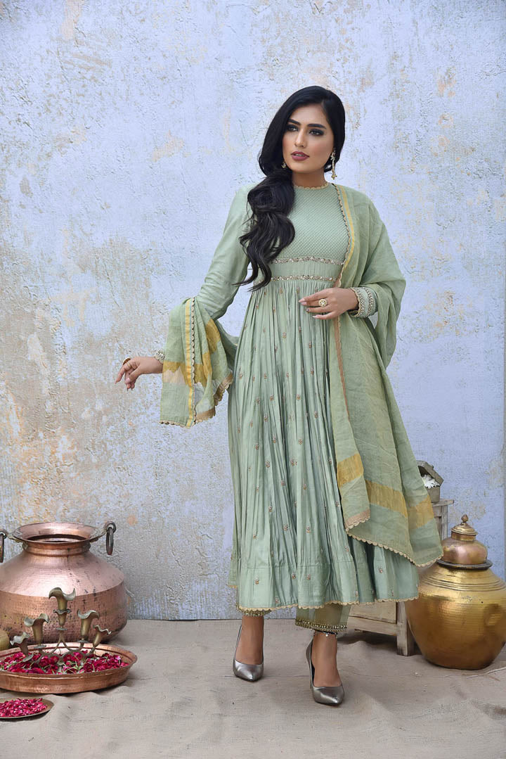 Pista Green Anarkali Set With Dupatta