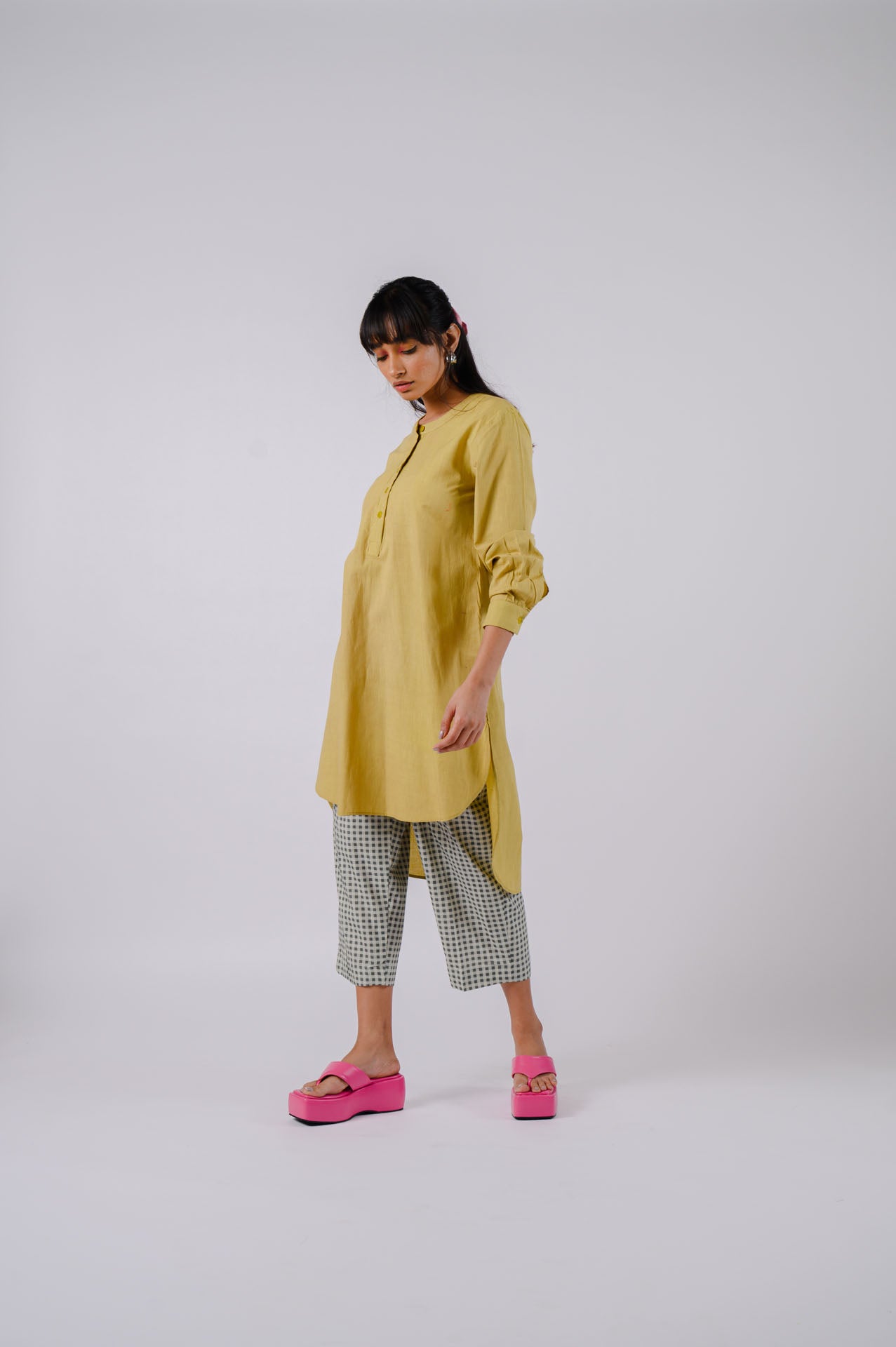 Lime Green High-Low Cutwork Tunic With Checkered Pants