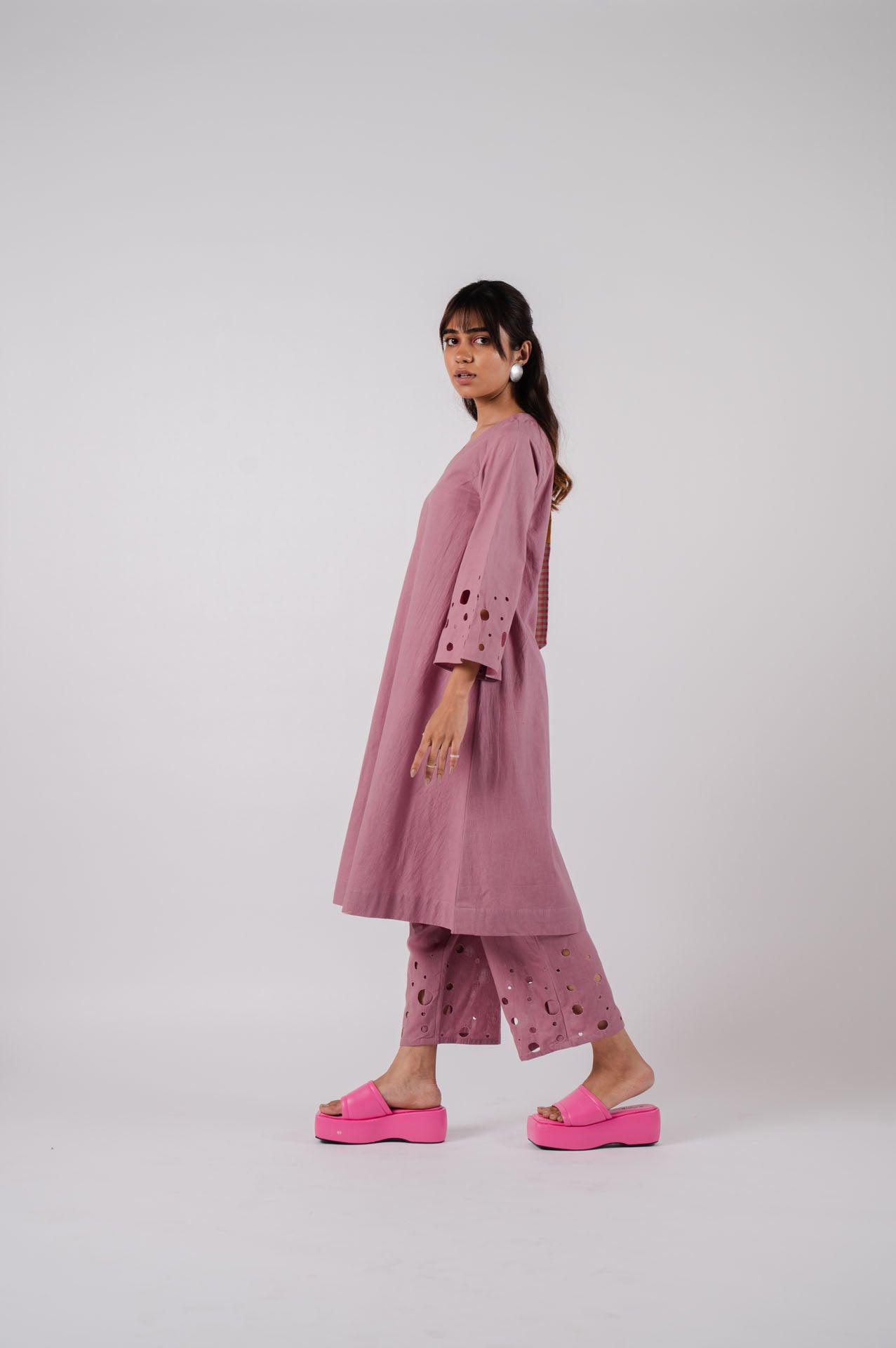 Mauve Bell Sleeves Cutwork Kurta Set