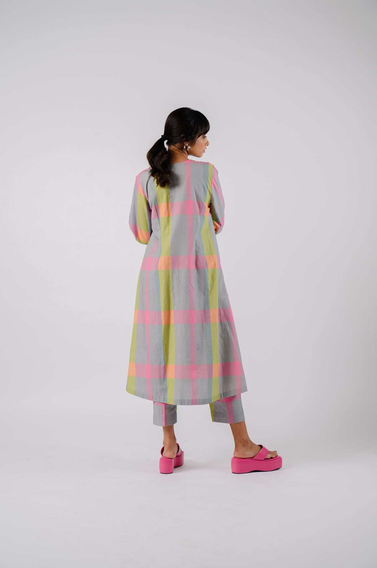 Grey Multi-Colour Checkered Kurta Set