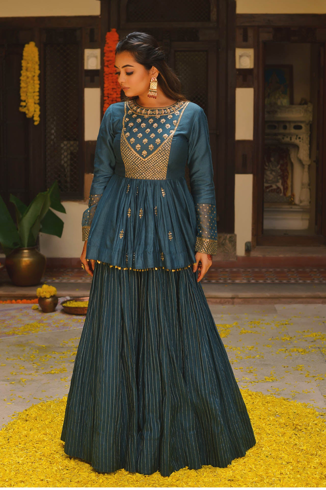 Blue Peplum & Zari Striped Lehenga Set