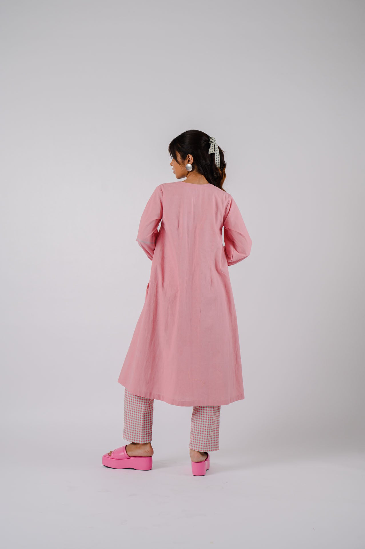 Pink Box Pleat Kurta With Checkered Pants