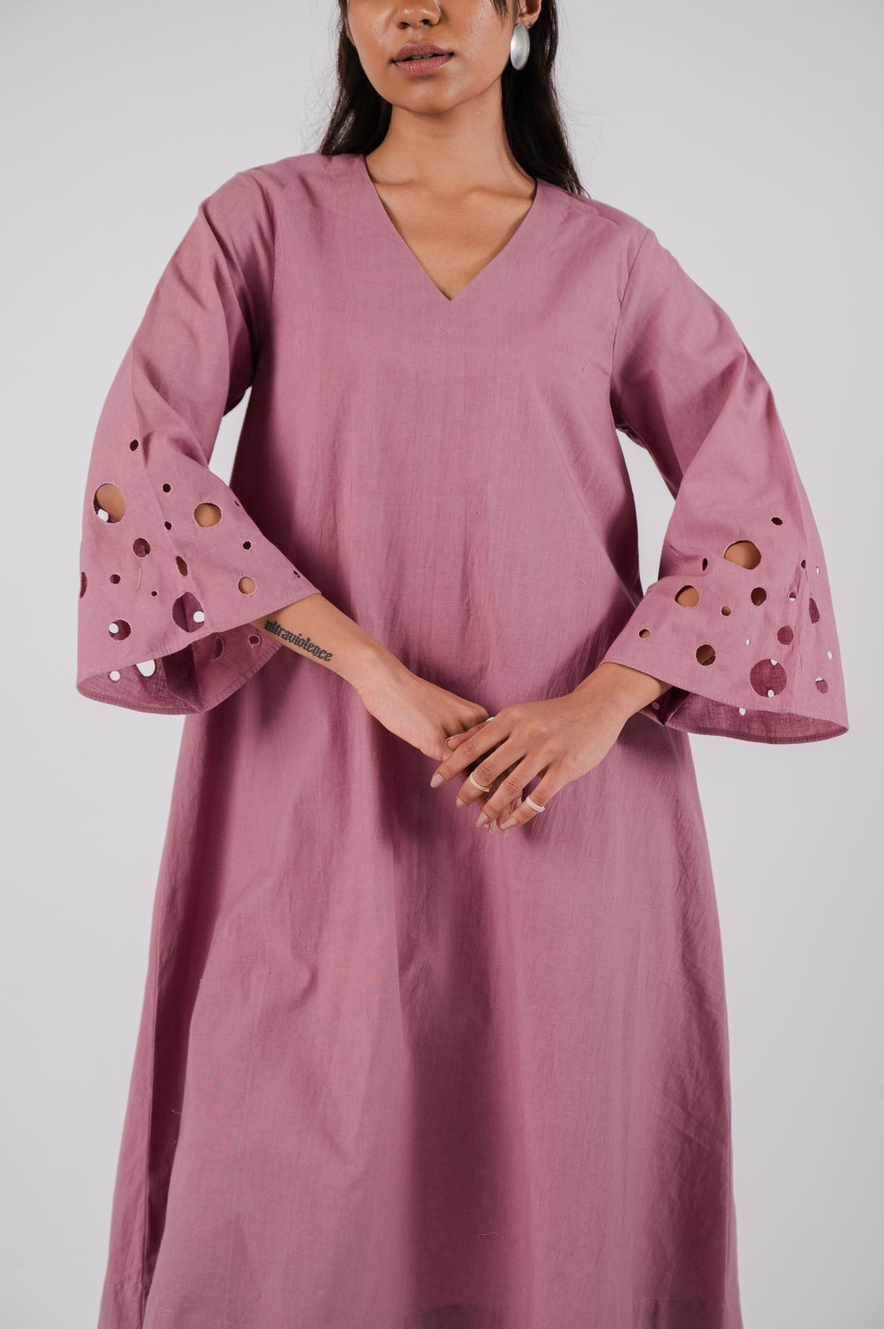Mauve Bell Sleeves Cutwork Kurta Set